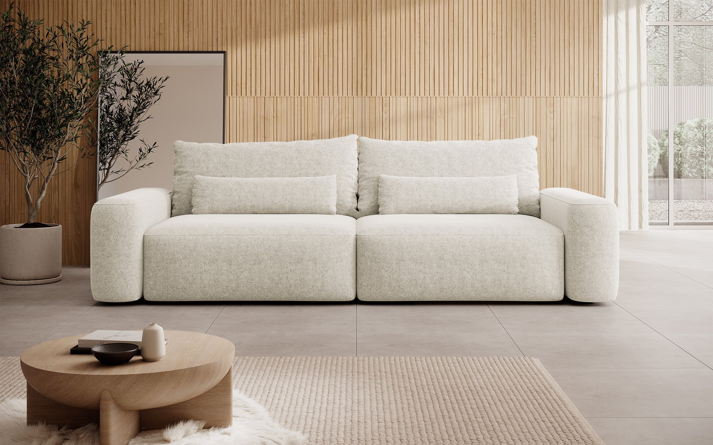 Dreisitziges ausklappbares Sofa Carnos, cremefarben, hydrophober Chenille-Stoff, schwarze Beine