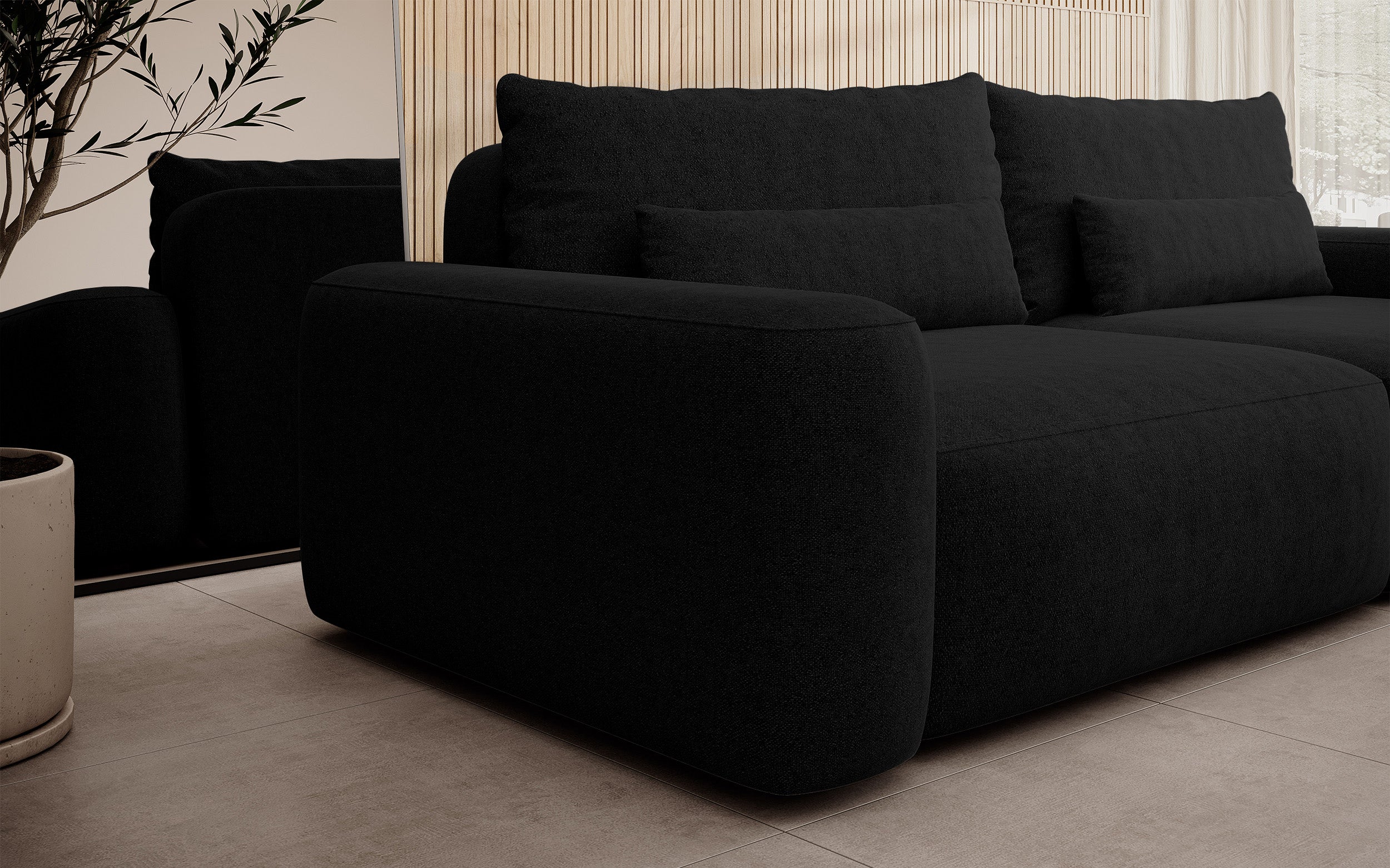 Dreisitziges ausklappbares Sofa Carnos, schwarz, hydrophobes Chenille, schwarze Beine