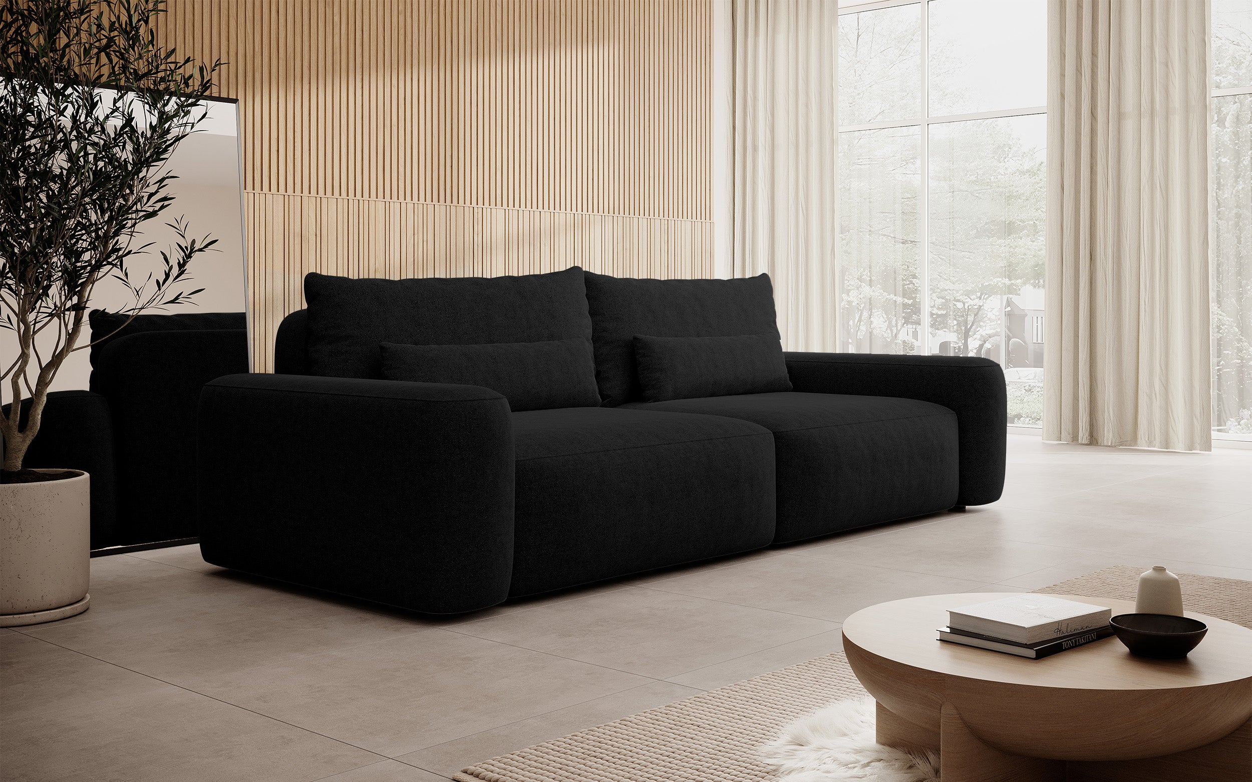 Dreisitziges ausklappbares Sofa Carnos, schwarz, hydrophobes Chenille, schwarze Beine