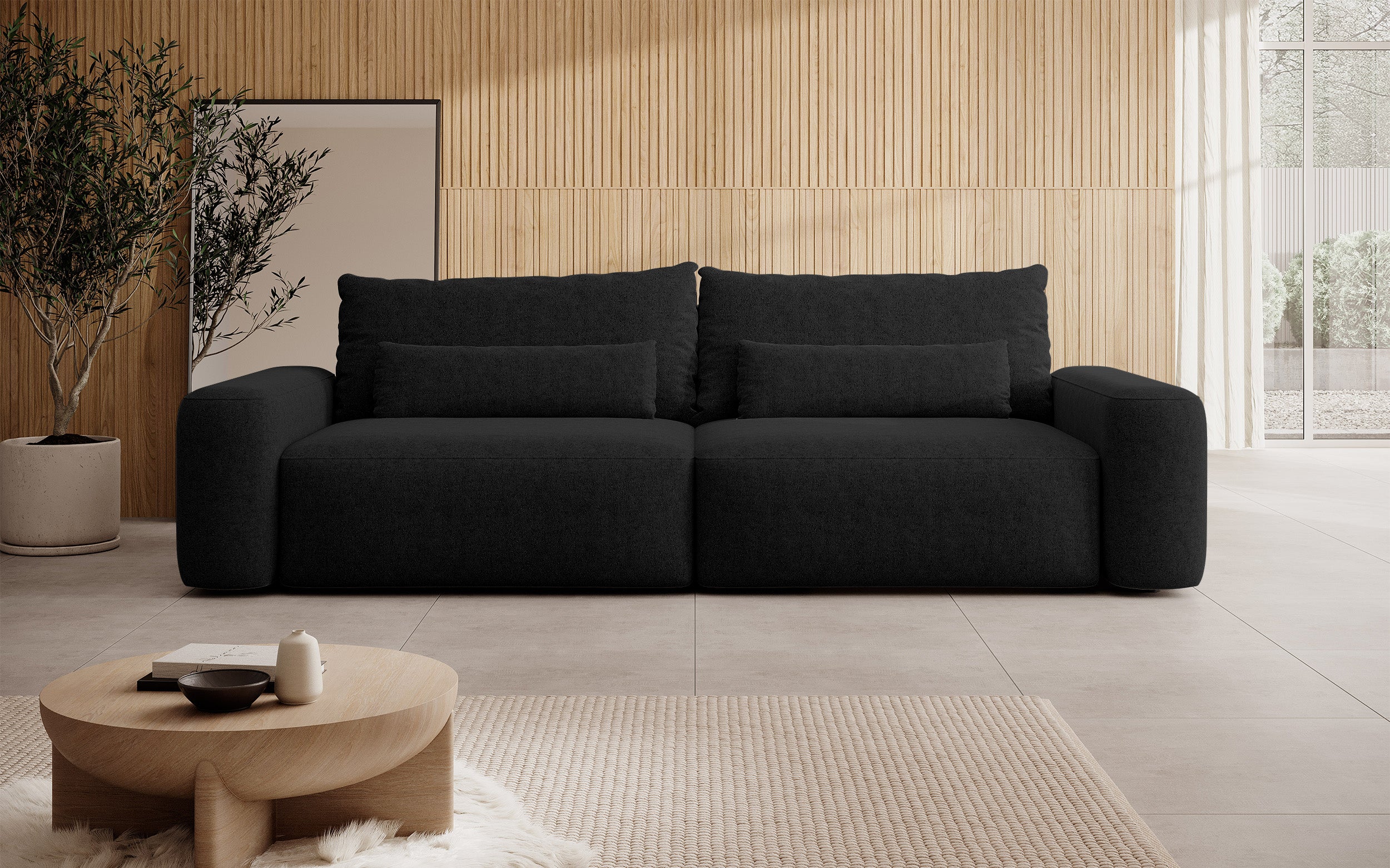 Dreisitziges ausklappbares Sofa Carnos, schwarz, hydrophobes Chenille, schwarze Beine