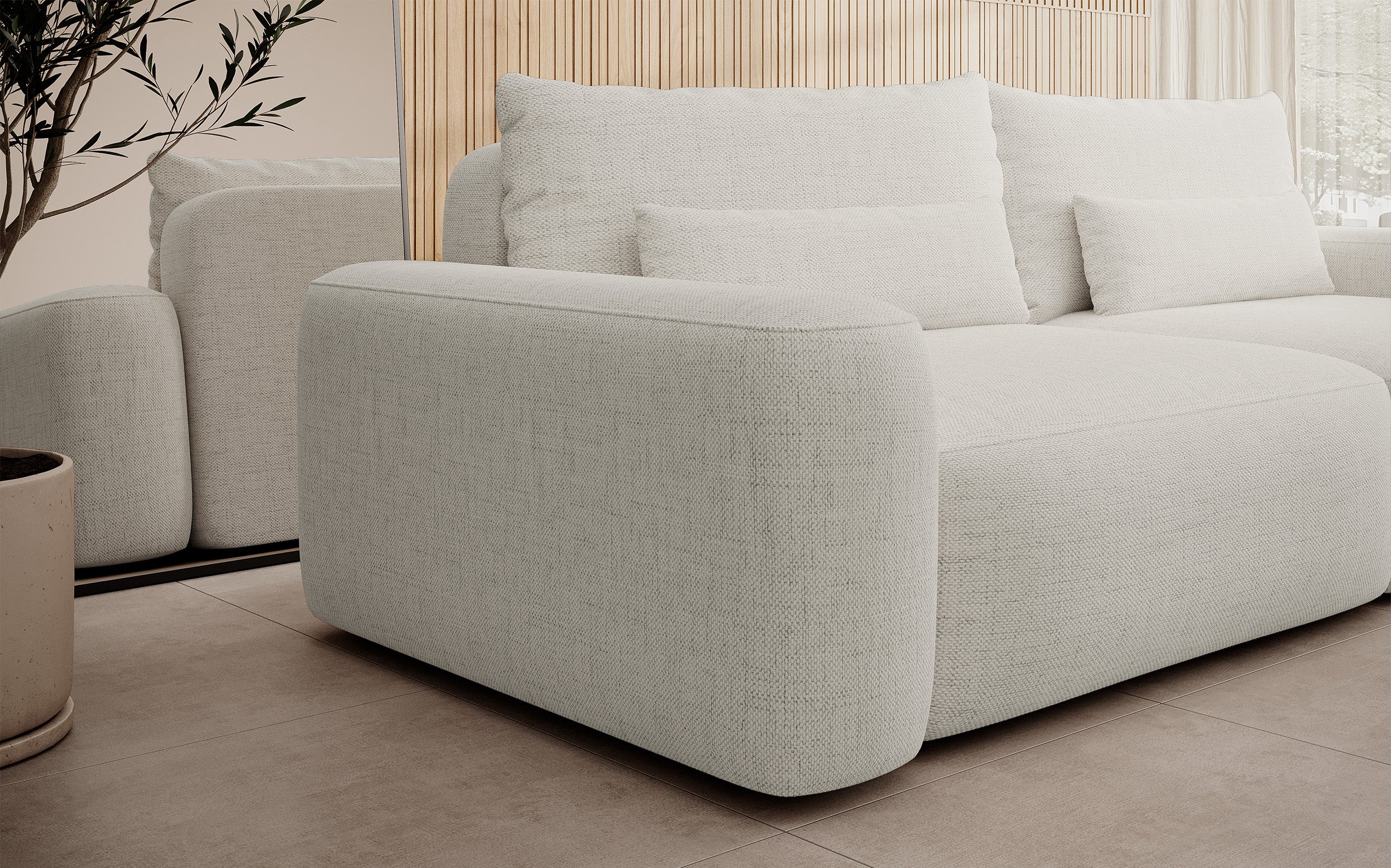 Dreisitziges ausklappbares Sofa Carnos, cremefarben, hydrophober Chenille-Stoff, schwarze Beine