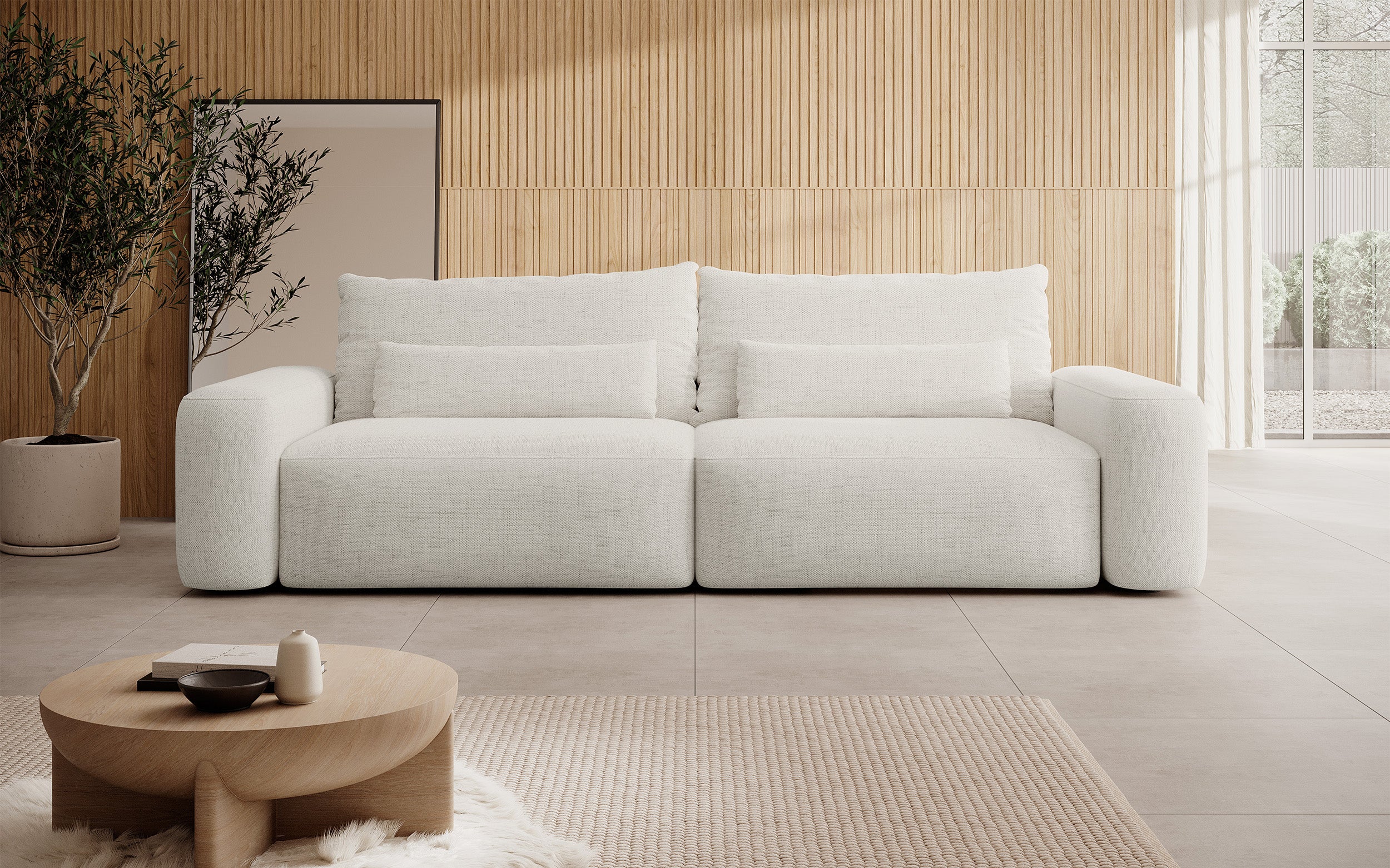 Dreisitziges ausklappbares Sofa Carnos, cremefarben, hydrophober Chenille-Stoff, schwarze Beine