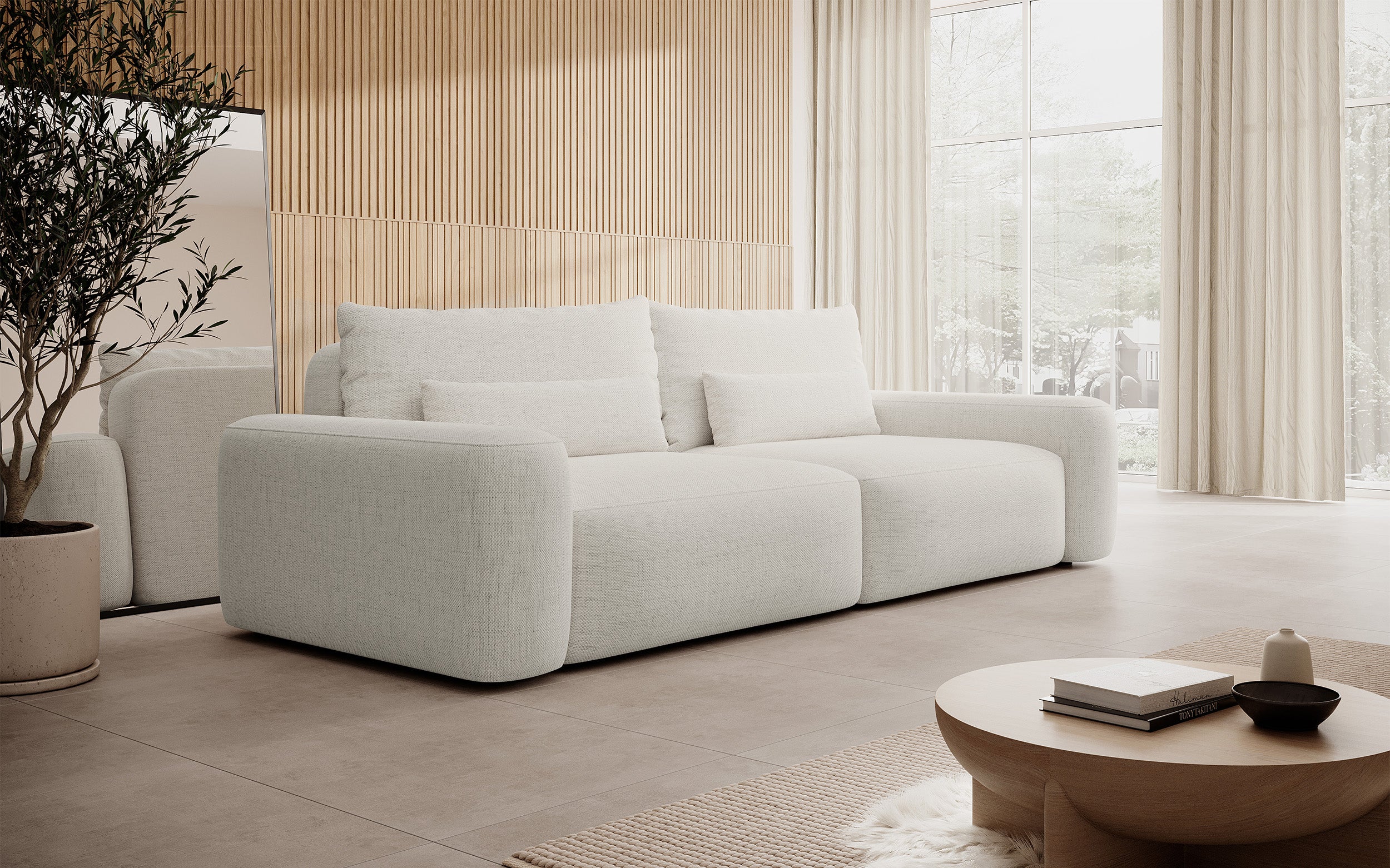 Dreisitziges ausklappbares Sofa Carnos, cremefarben, hydrophober Chenille-Stoff, schwarze Beine