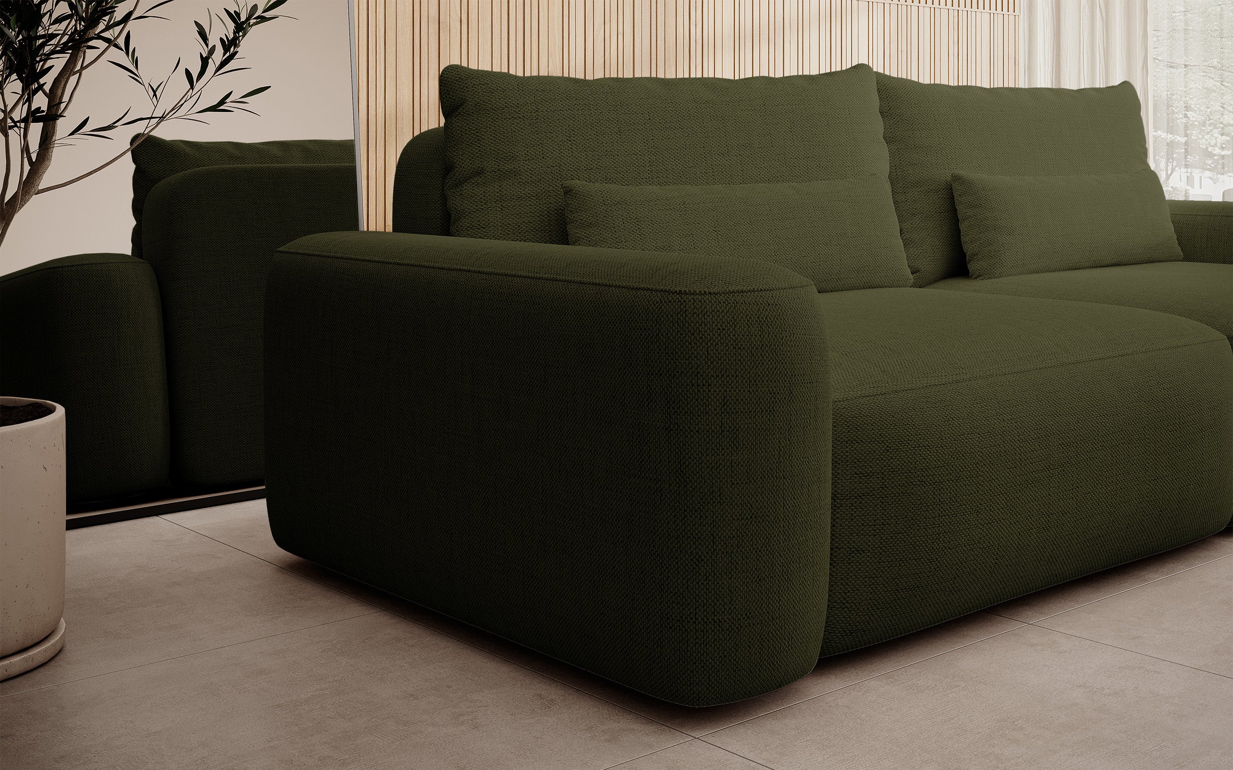 Dreisitziges ausklappbares Sofa Carnos, olivgrüner Chenille-Stoff, hydrophob, schwarze Beine