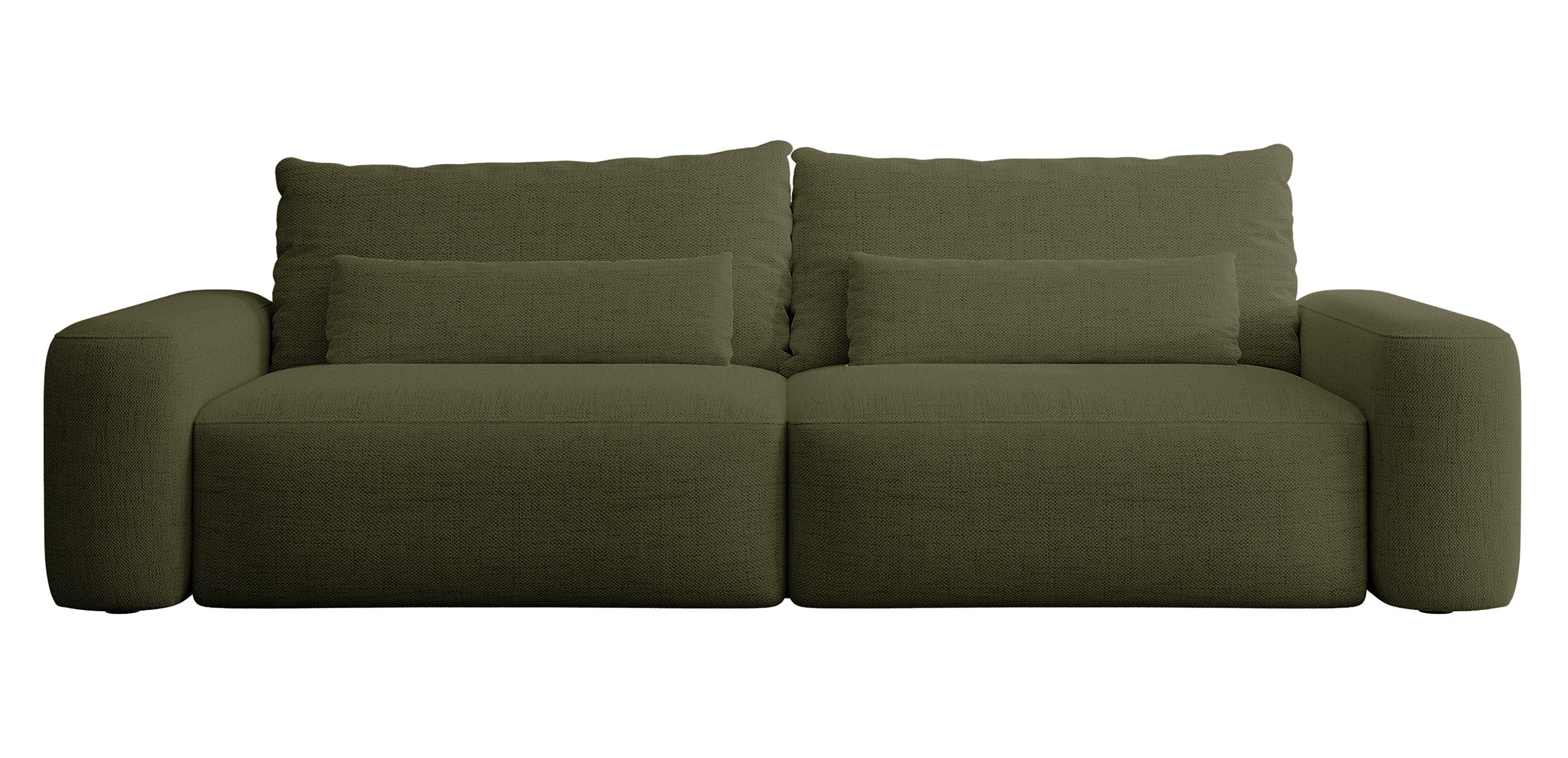 Dreisitziges ausklappbares Sofa Carnos, olivgrüner Chenille-Stoff, hydrophob, schwarze Beine