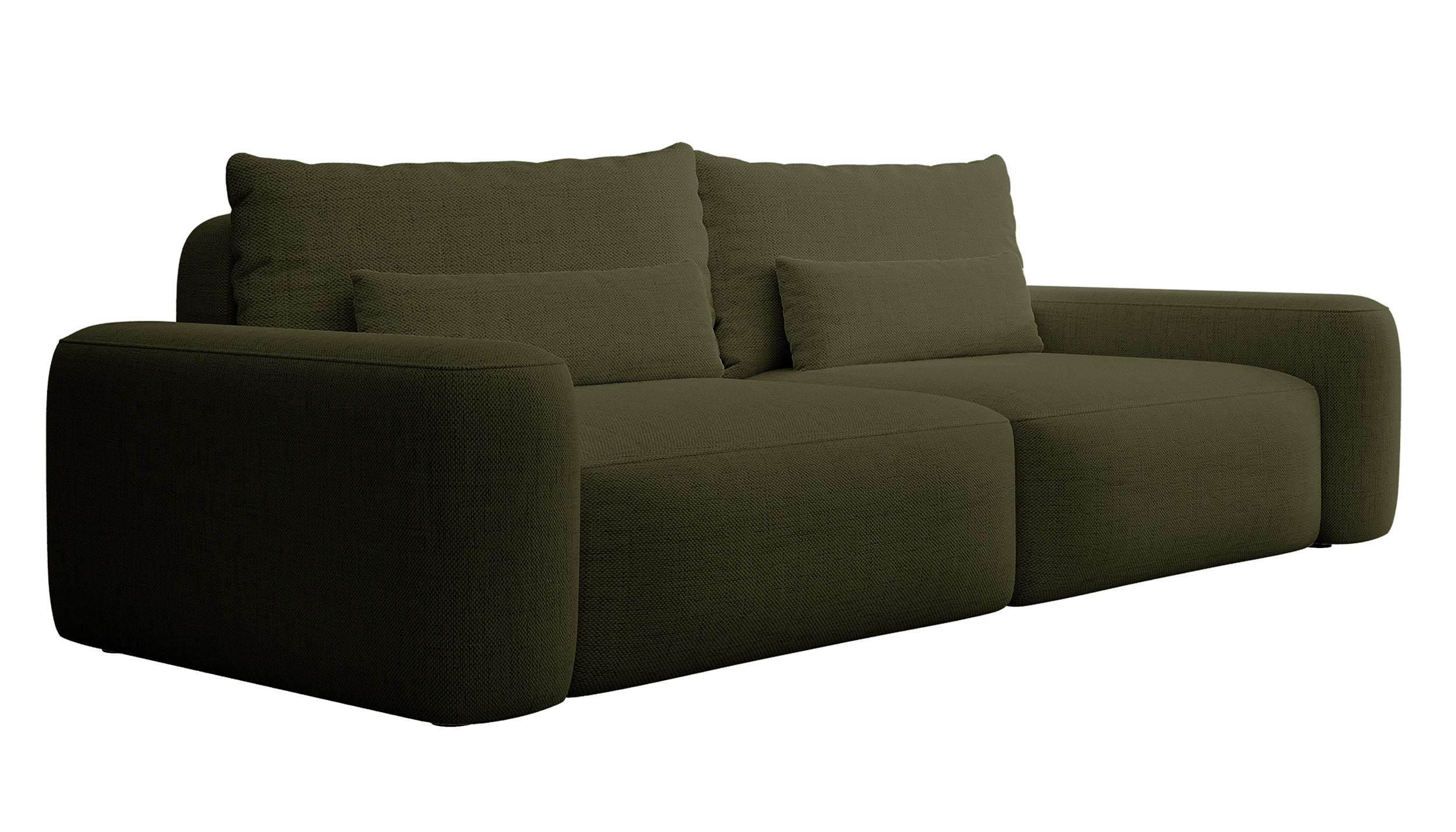 Dreisitziges ausklappbares Sofa Carnos, olivgrüner Chenille-Stoff, hydrophob, schwarze Beine