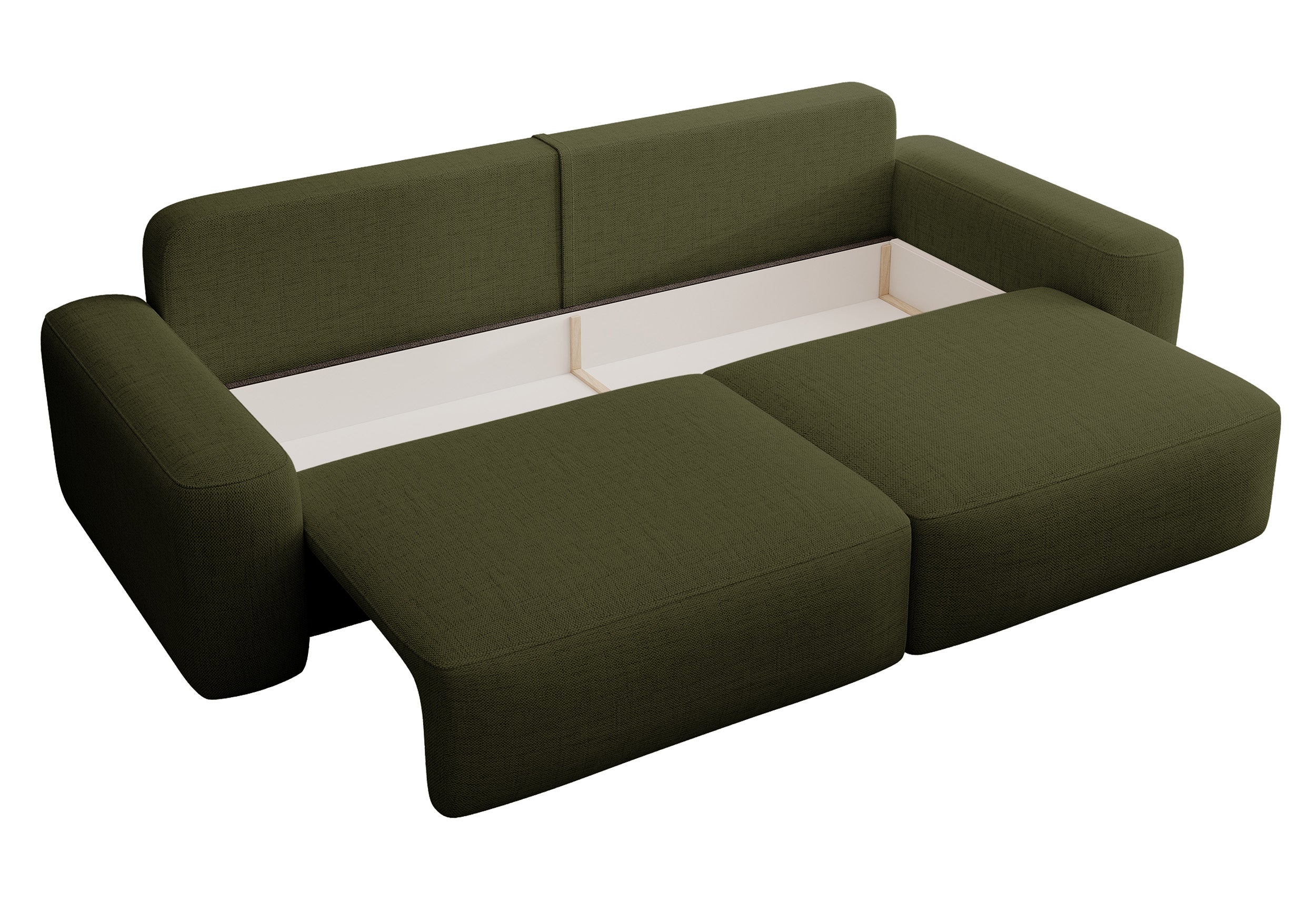 Dreisitziges ausklappbares Sofa Carnos, olivgrüner Chenille-Stoff, hydrophob, schwarze Beine