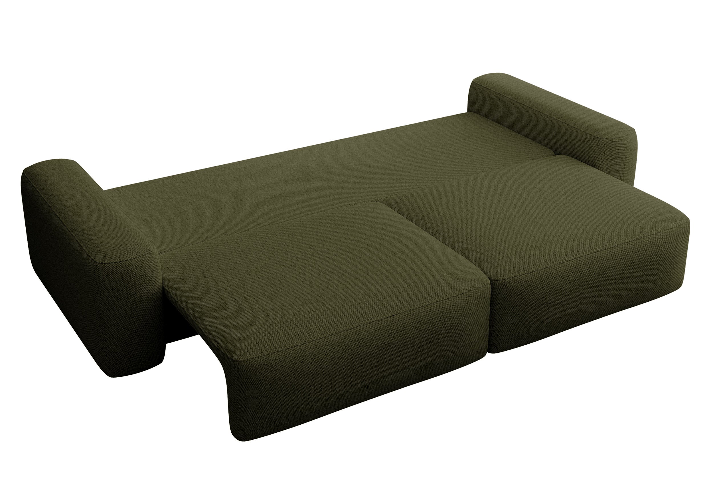 Dreisitziges ausklappbares Sofa Carnos, olivgrüner Chenille-Stoff, hydrophob, schwarze Beine