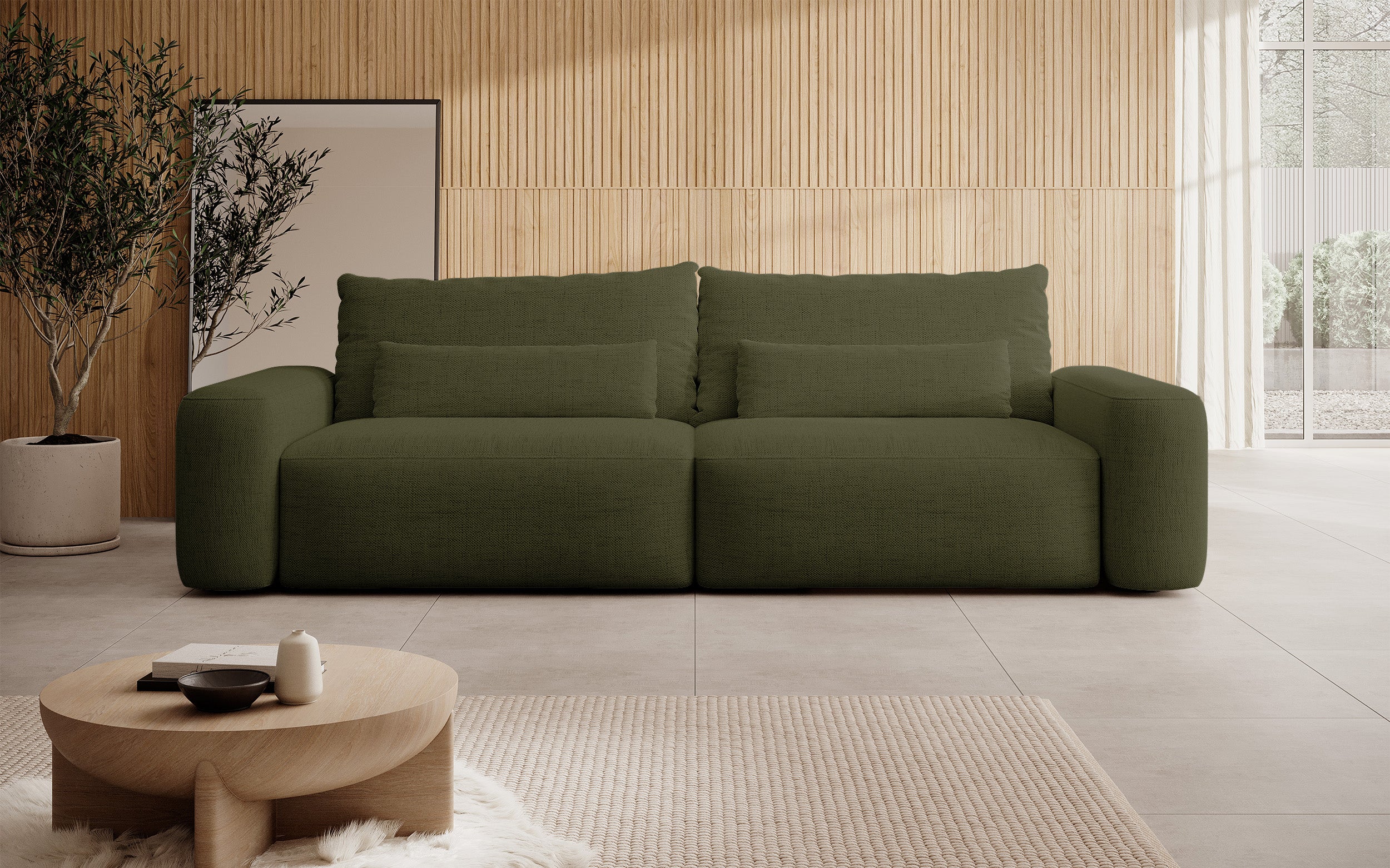 Dreisitziges ausklappbares Sofa Carnos, olivgrüner Chenille-Stoff, hydrophob, schwarze Beine