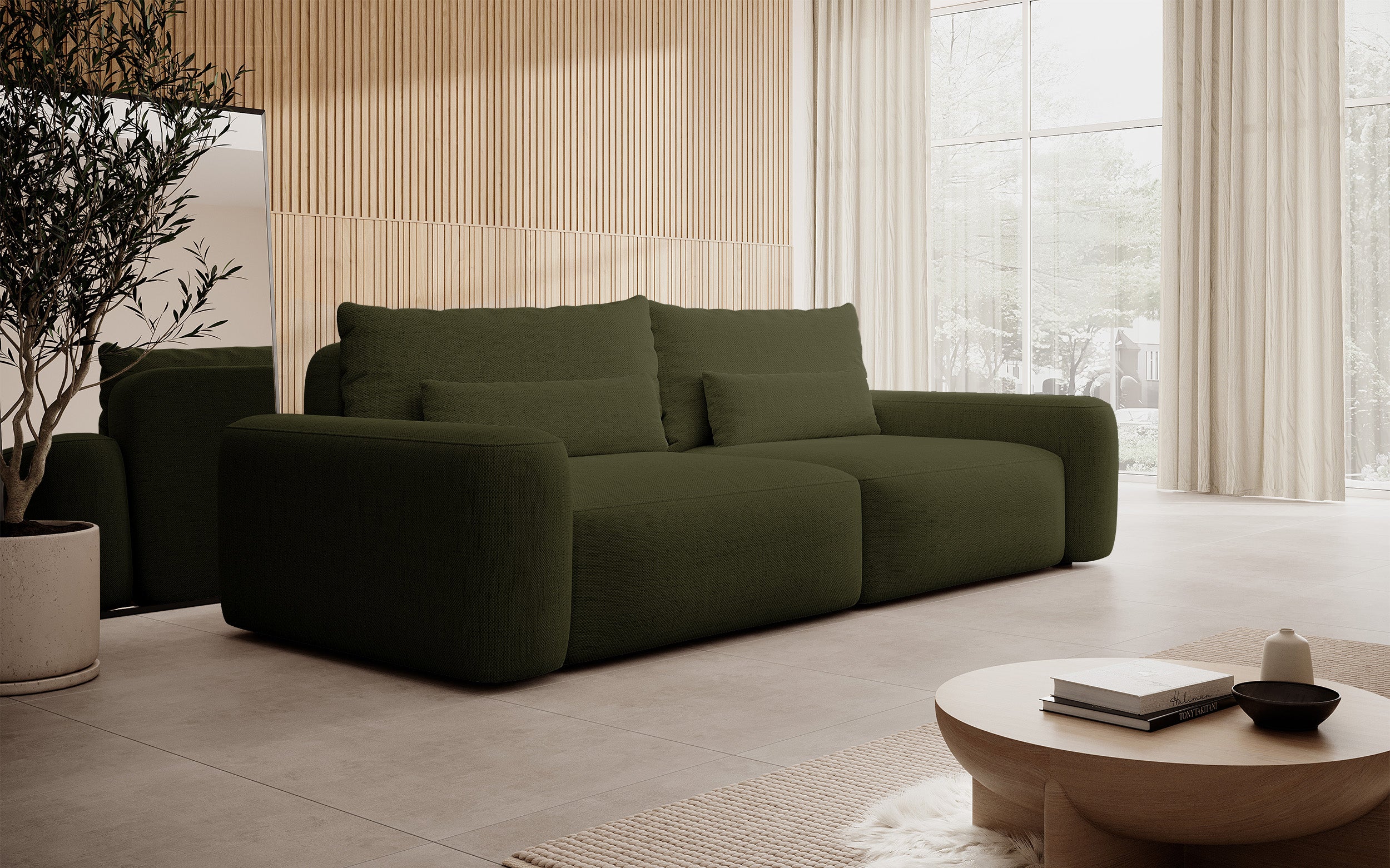 Dreisitziges ausklappbares Sofa Carnos, olivgrüner Chenille-Stoff, hydrophob, schwarze Beine