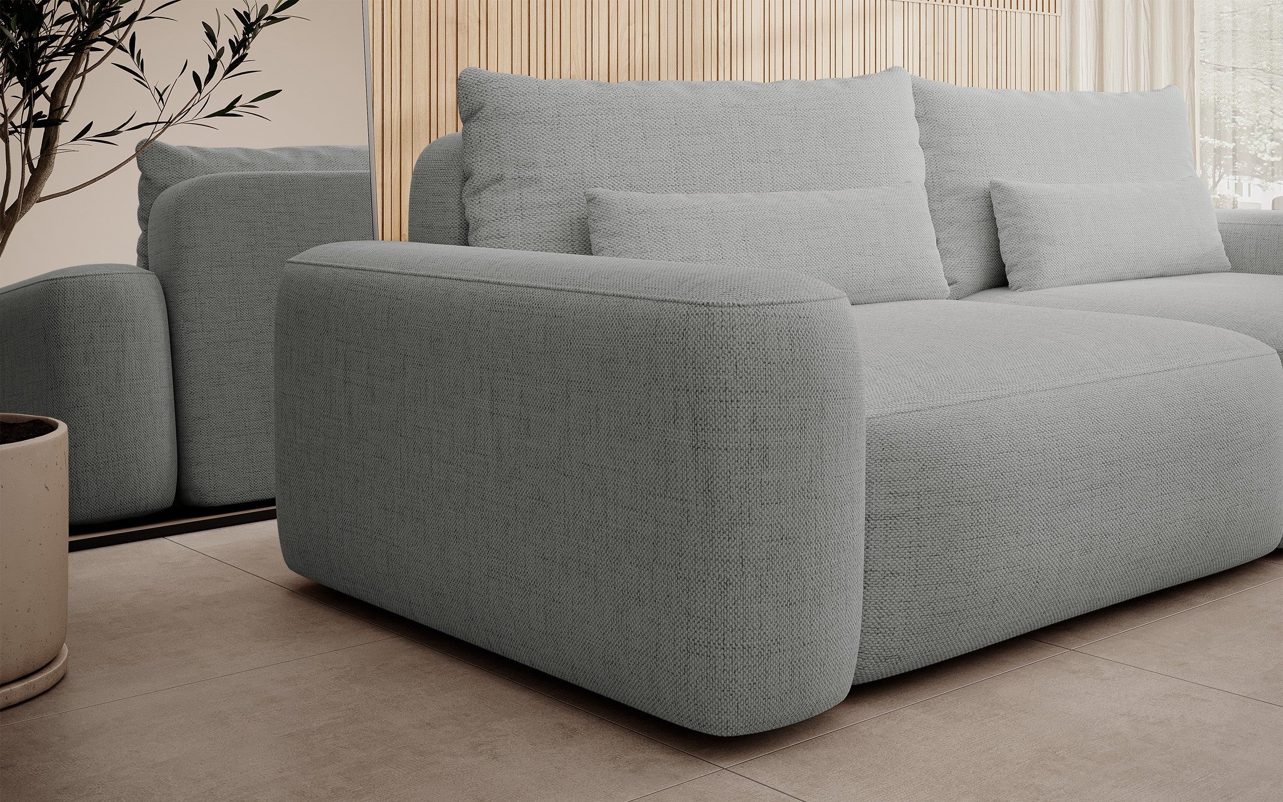 Dreisitziges ausklappbares Sofa Carnos, grauer hydrophober Chenille-Stoff, schwarze Beine