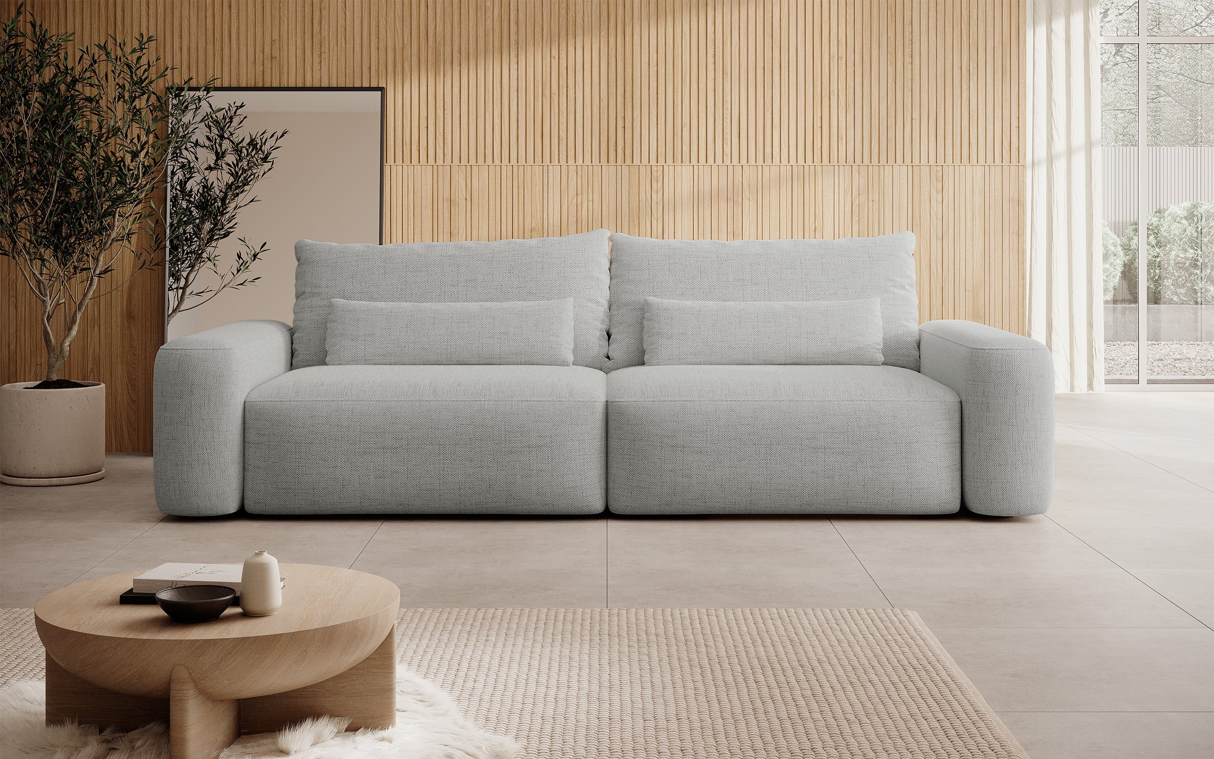 Dreisitziges ausklappbares Sofa Carnos, grauer hydrophober Chenille-Stoff, schwarze Beine