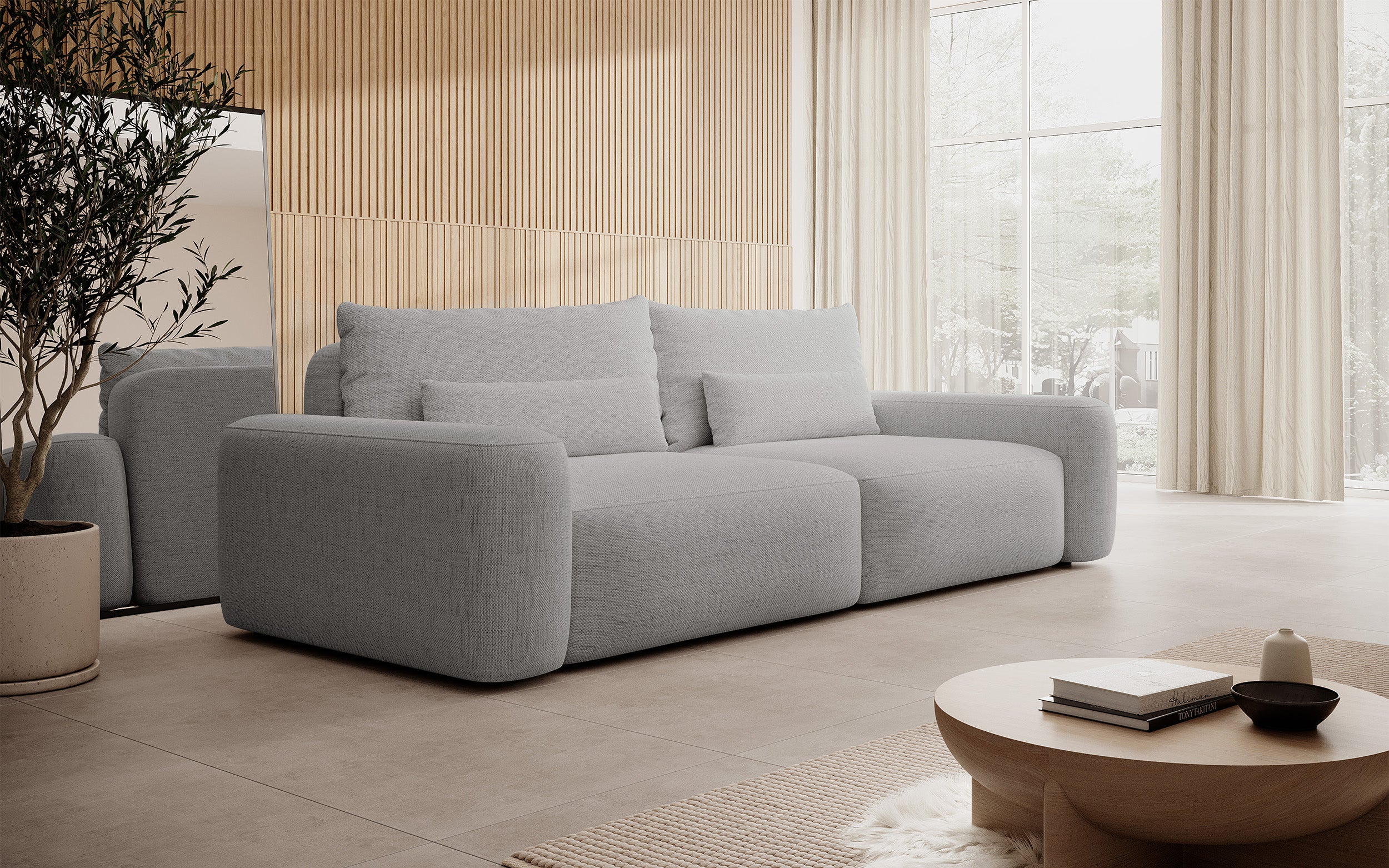 Dreisitziges ausklappbares Sofa Carnos, grauer hydrophober Chenille-Stoff, schwarze Beine