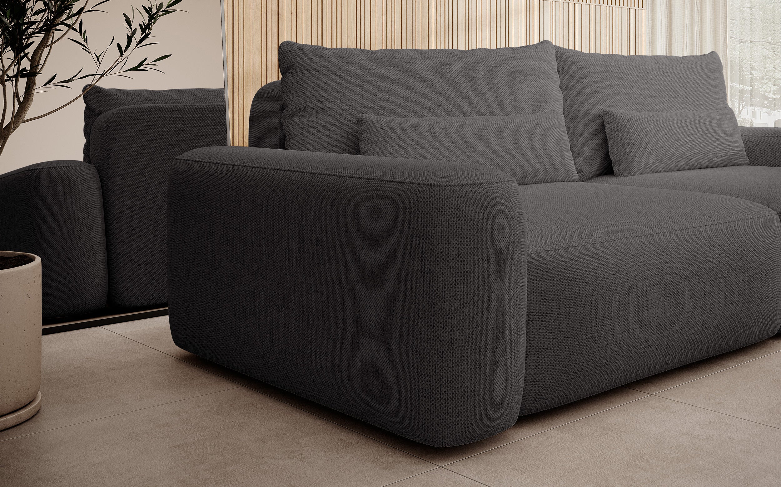 Dreisitziges ausklappbares Sofa Carnos, dunkelgrauer Chenille-Stoff, hydrophob, schwarze Beine