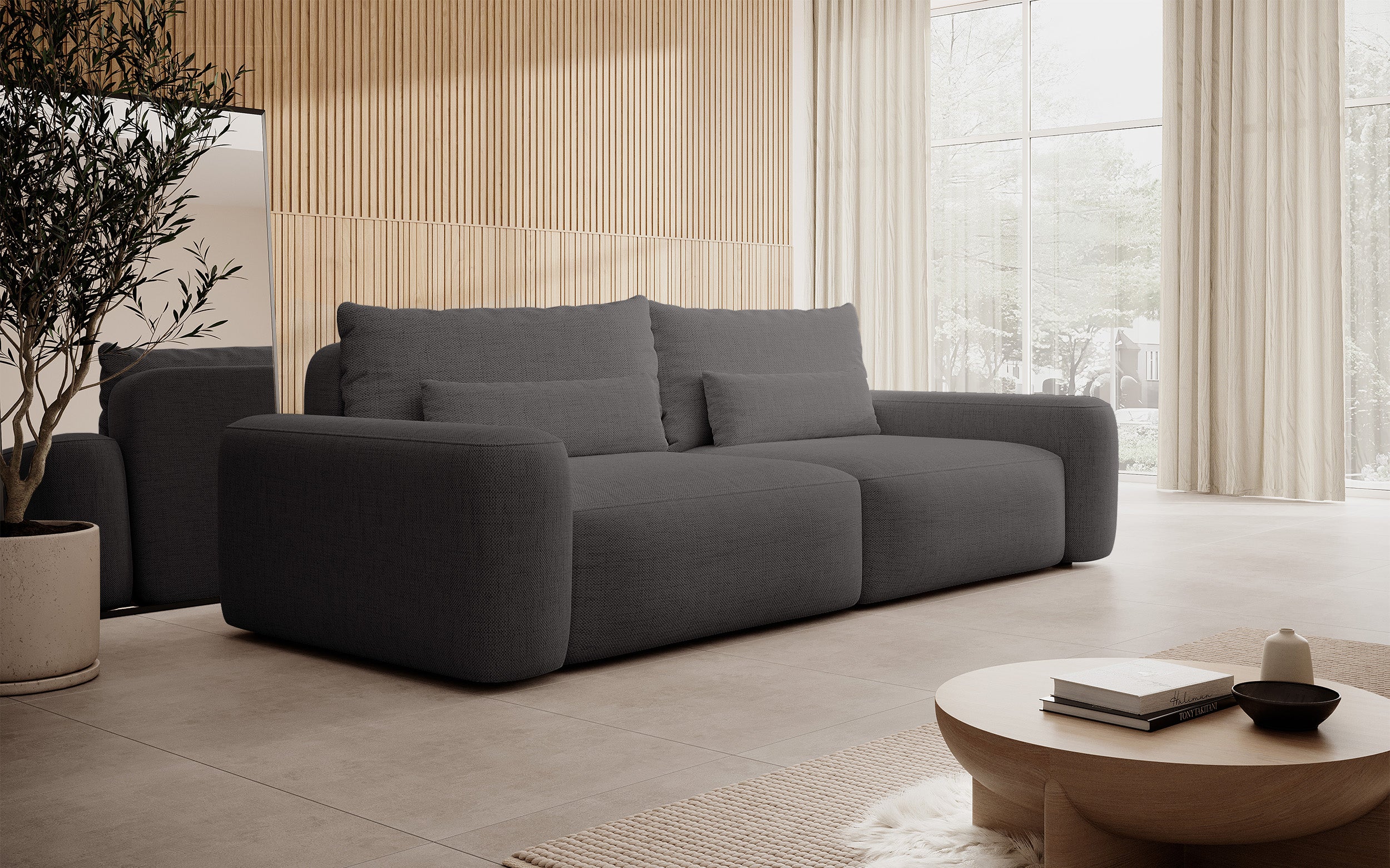 Dreisitziges ausklappbares Sofa Carnos, dunkelgrauer Chenille-Stoff, hydrophob, schwarze Beine
