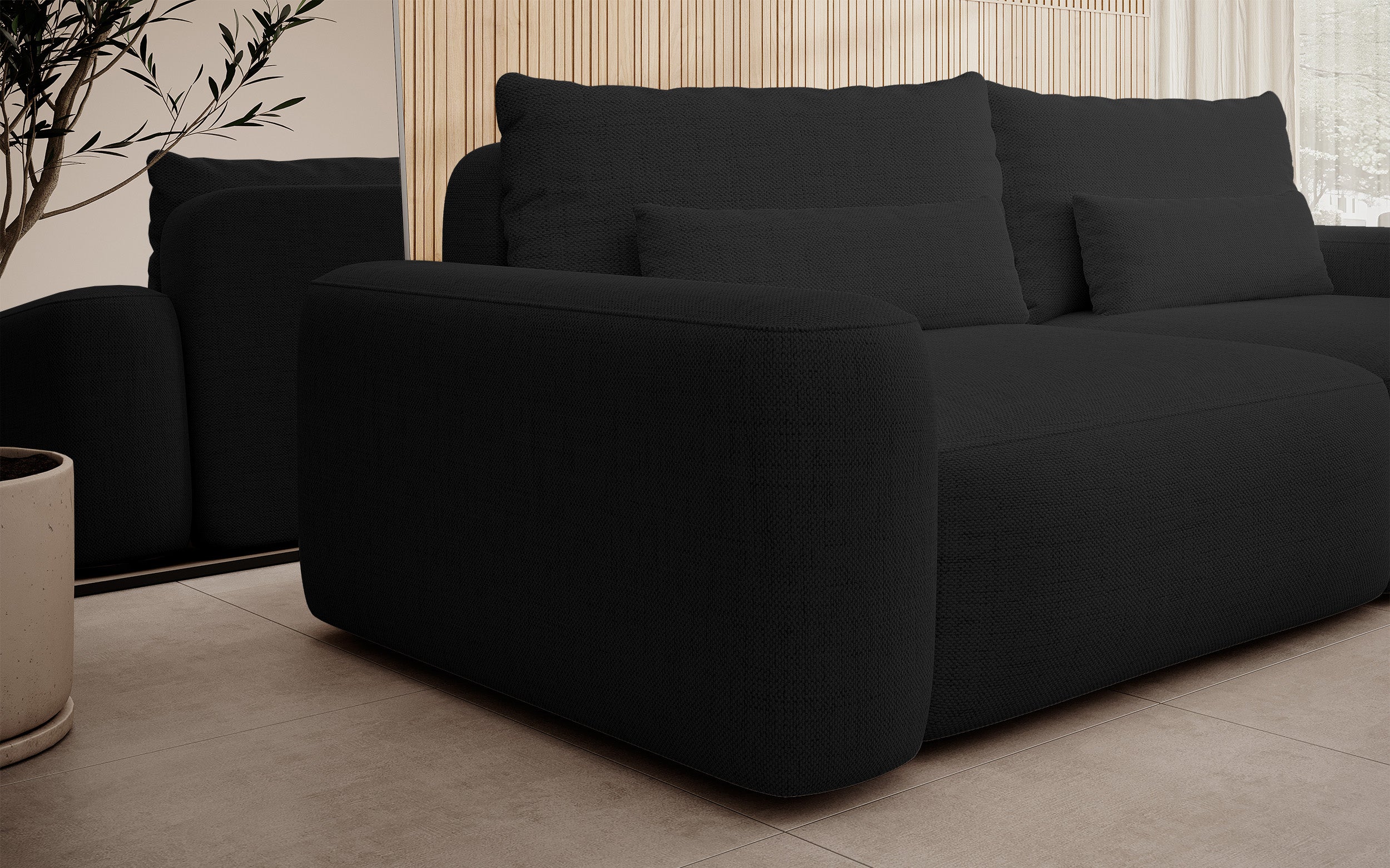 Dreisitziges ausklappbares Sofa Carnos, schwarz, hydrophobes Chenille, schwarze Beine