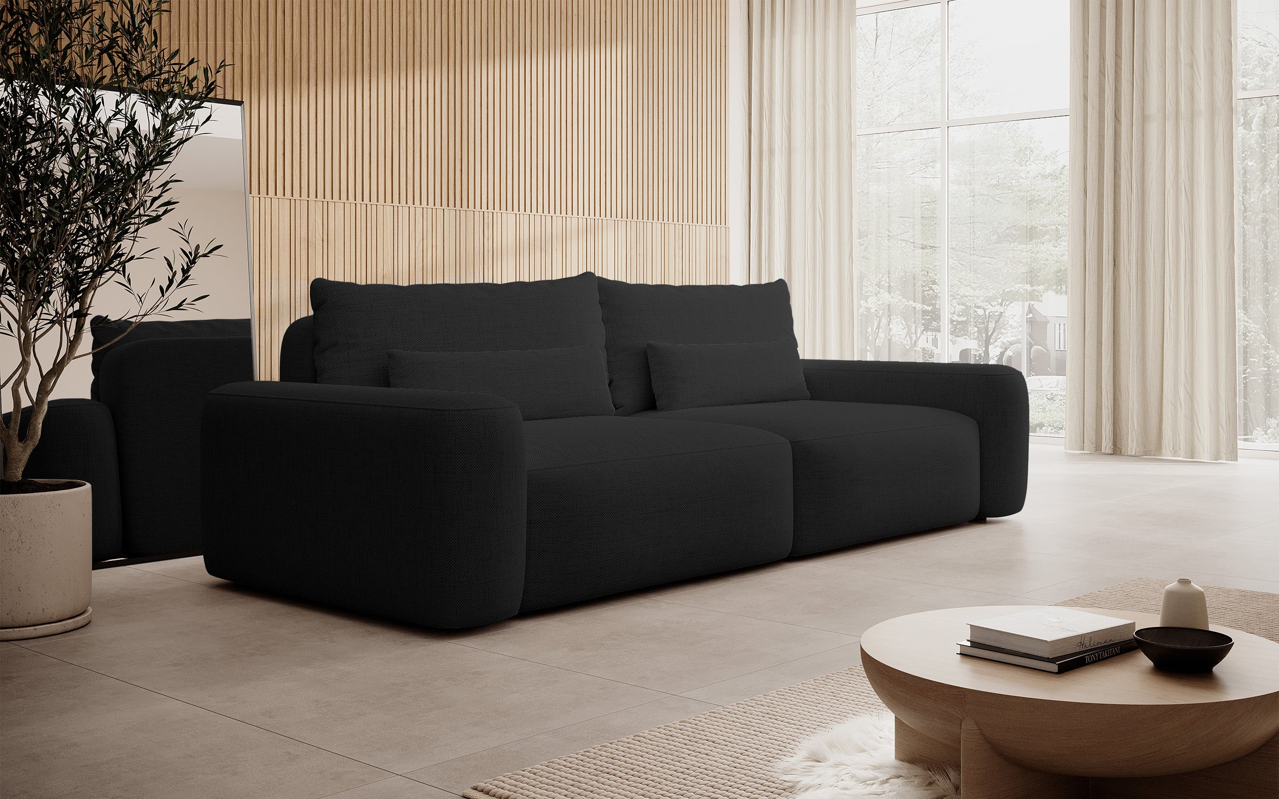 Dreisitziges ausklappbares Sofa Carnos, schwarz, hydrophobes Chenille, schwarze Beine