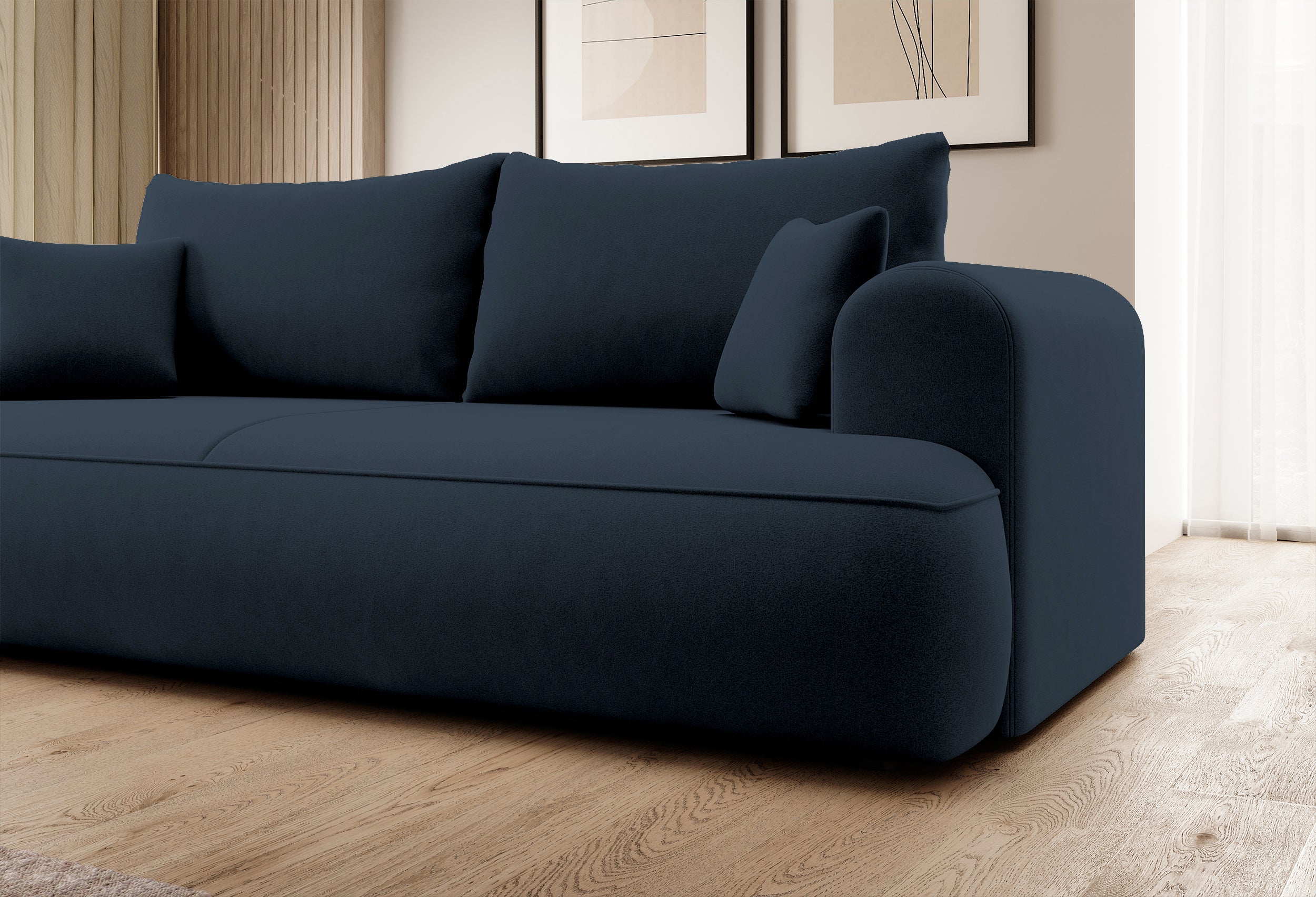 Dreisitziges Schlafsofa Ovo mit Stauraum, marineblauer Velours aus leicht zu reinigendem Stoff