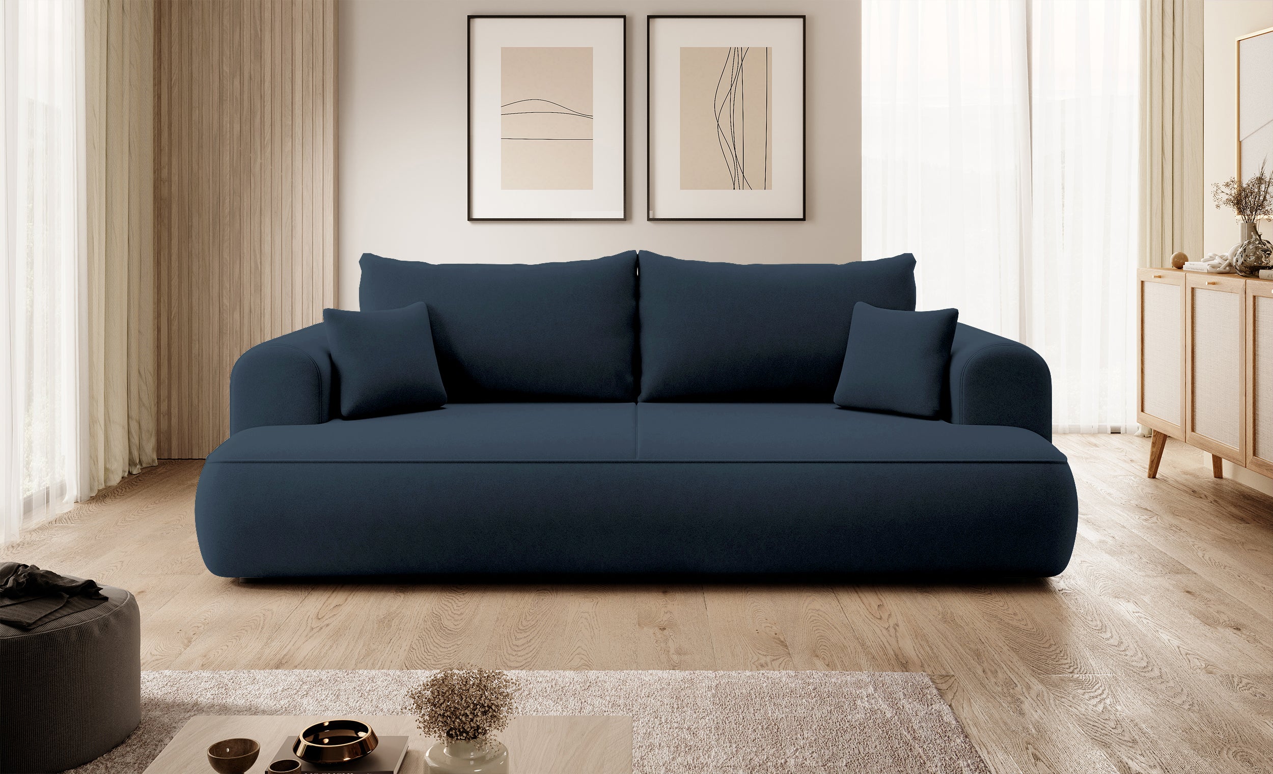 Dreisitziges Schlafsofa Ovo mit Stauraum, marineblauer Velours aus leicht zu reinigendem Stoff