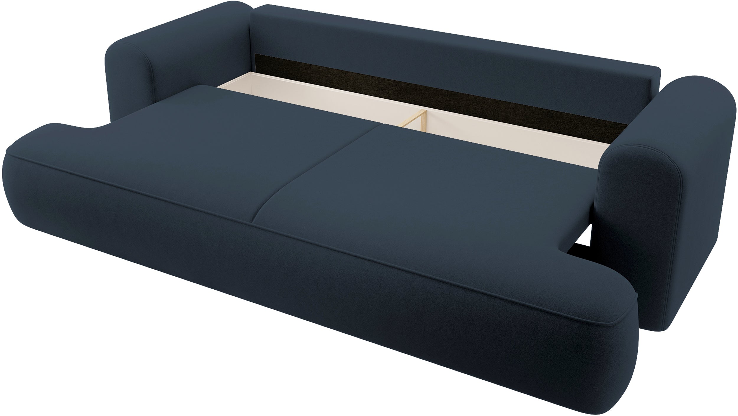 Dreisitziges Schlafsofa Ovo mit Stauraum, marineblauer Velours aus leicht zu reinigendem Stoff