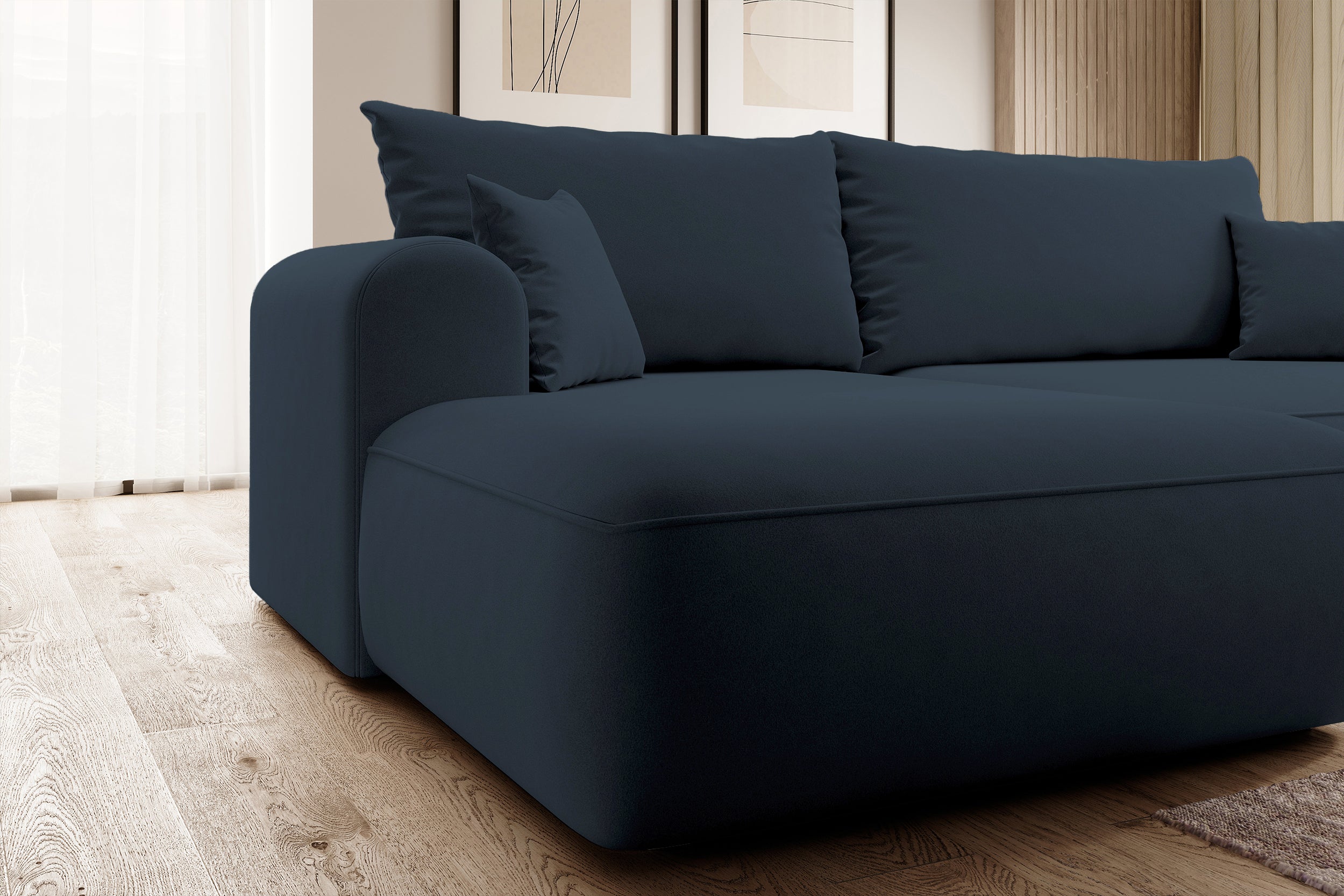 Ecksofa mit Schlaffunktion Ovo, L-förmig, marineblauer Samt mit Stauraum, aus leicht zu reinigendem Stoff, linksseitig