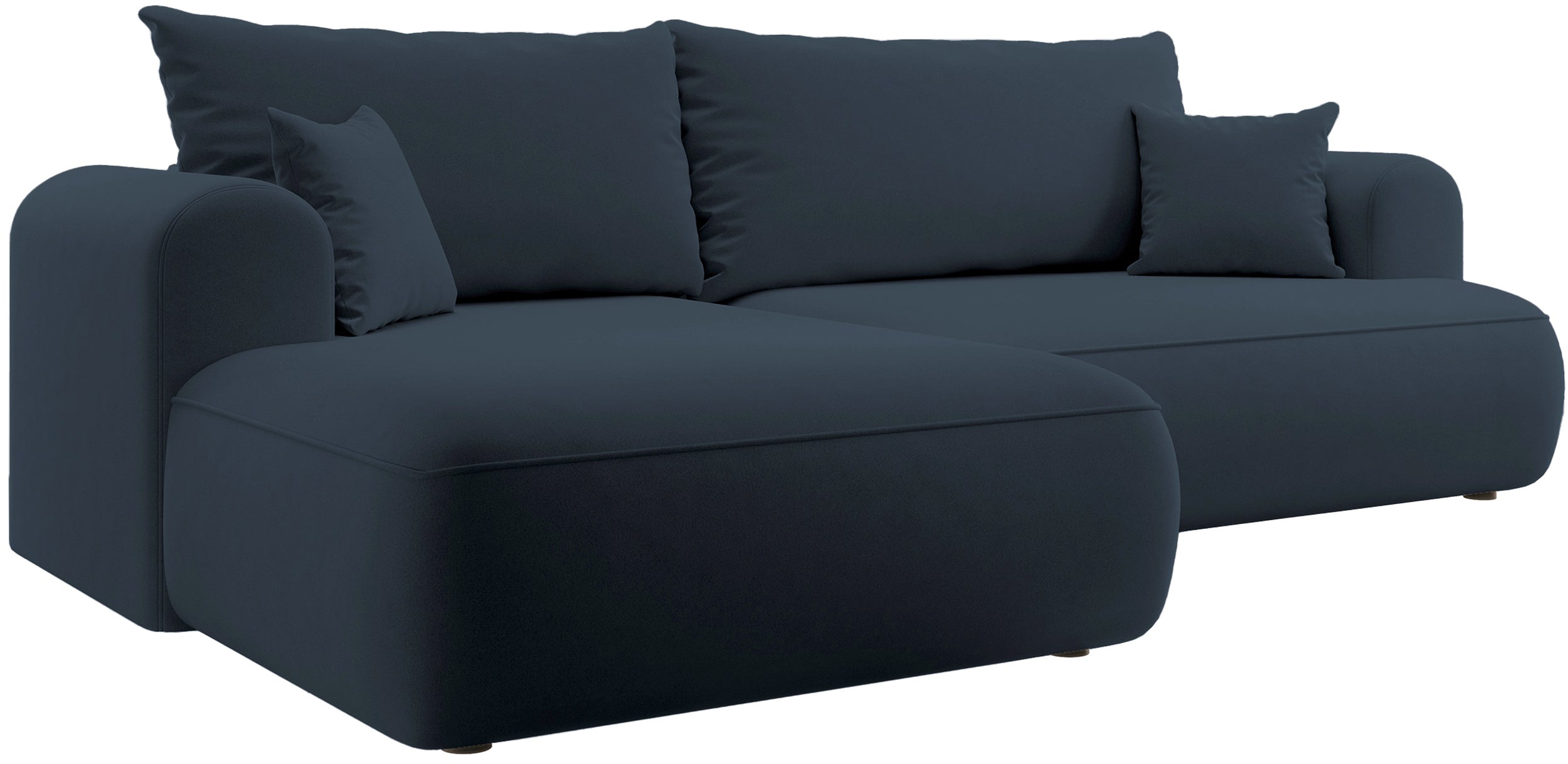 Ecksofa mit Schlaffunktion Ovo, L-förmig, marineblauer Samt mit Stauraum, aus leicht zu reinigendem Stoff, linksseitig