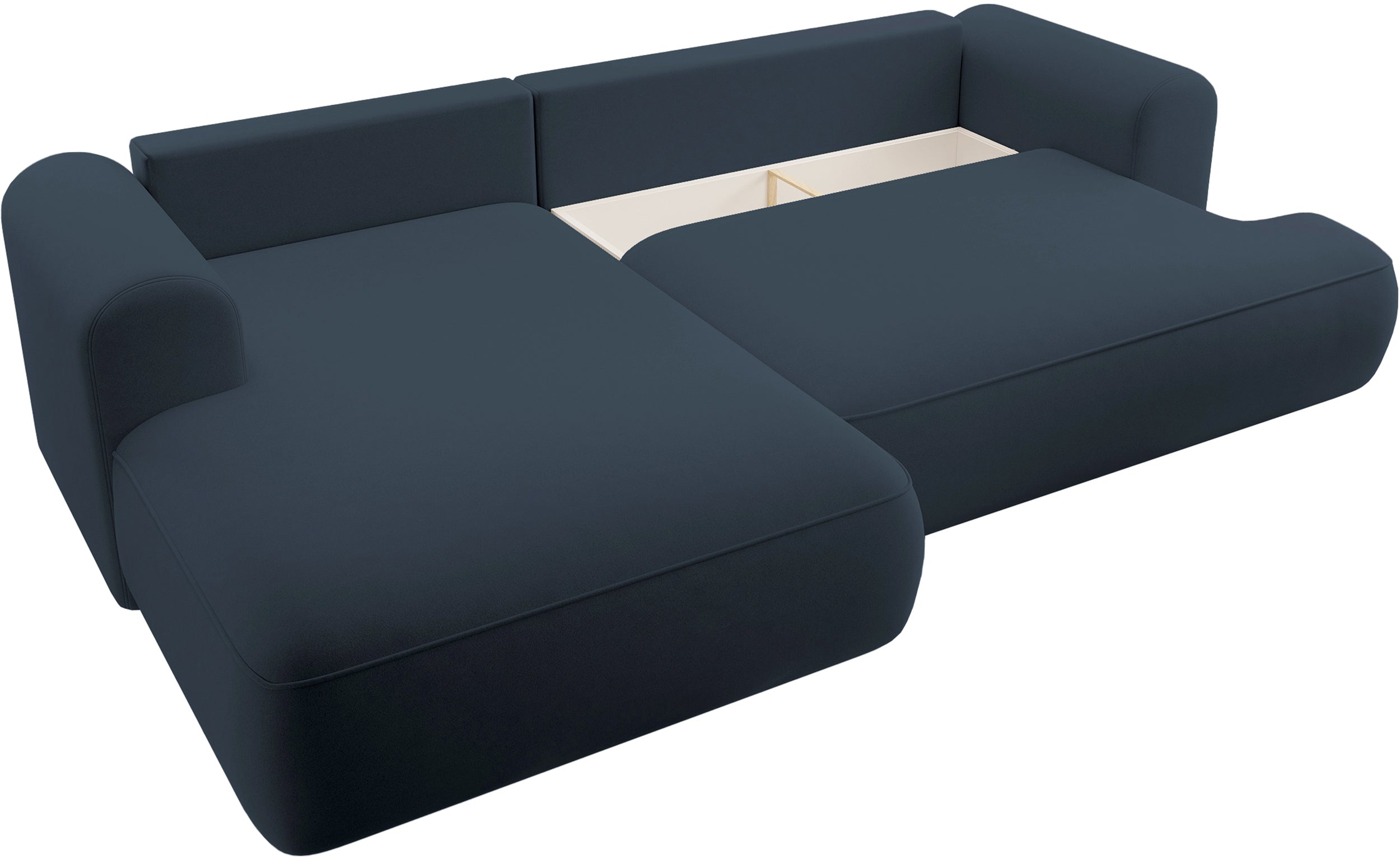 Ecksofa mit Schlaffunktion Ovo, L-förmig, marineblauer Samt mit Stauraum, aus leicht zu reinigendem Stoff, linksseitig