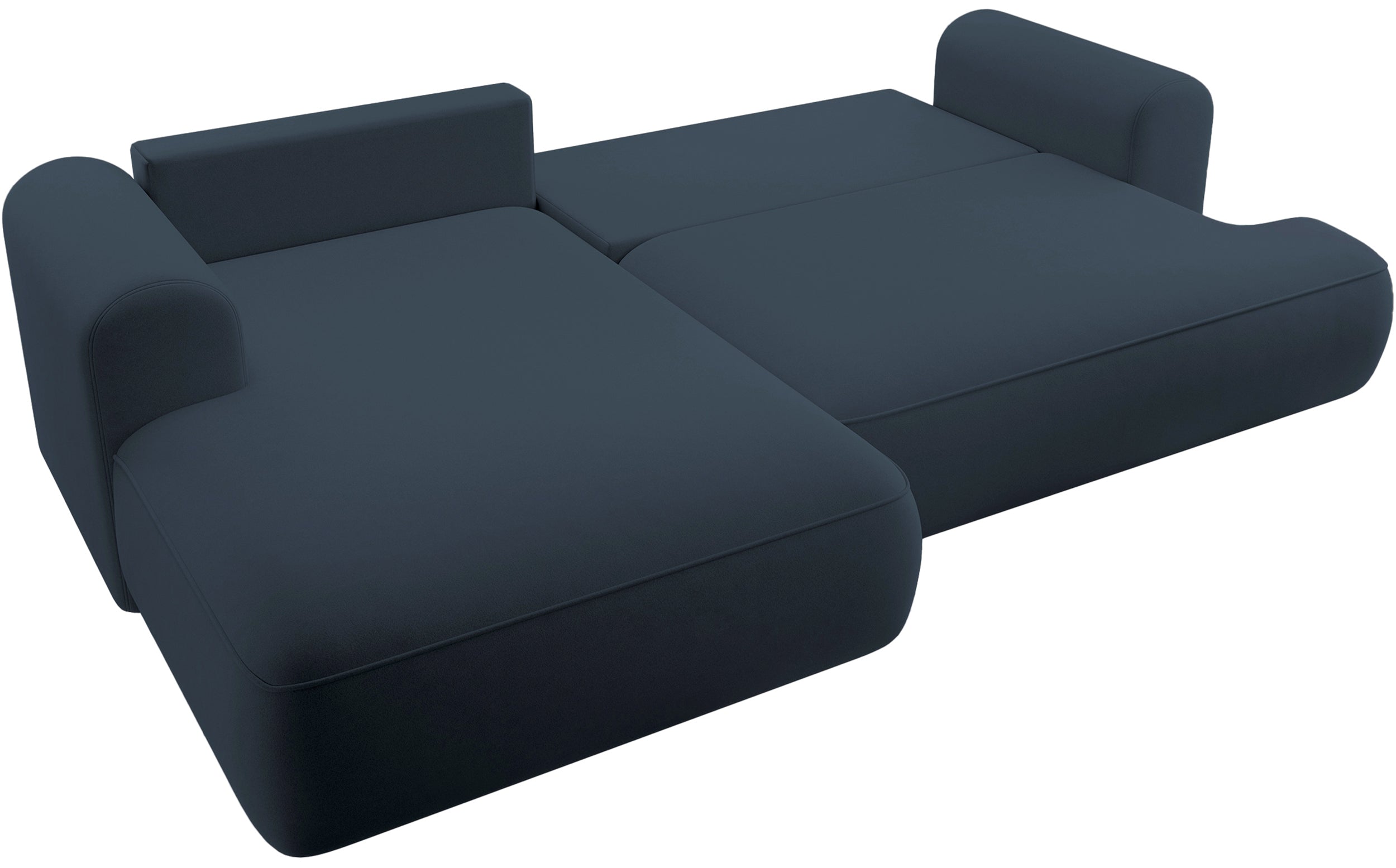 Ecksofa mit Schlaffunktion Ovo, L-förmig, marineblauer Samt mit Stauraum, aus leicht zu reinigendem Stoff, linksseitig