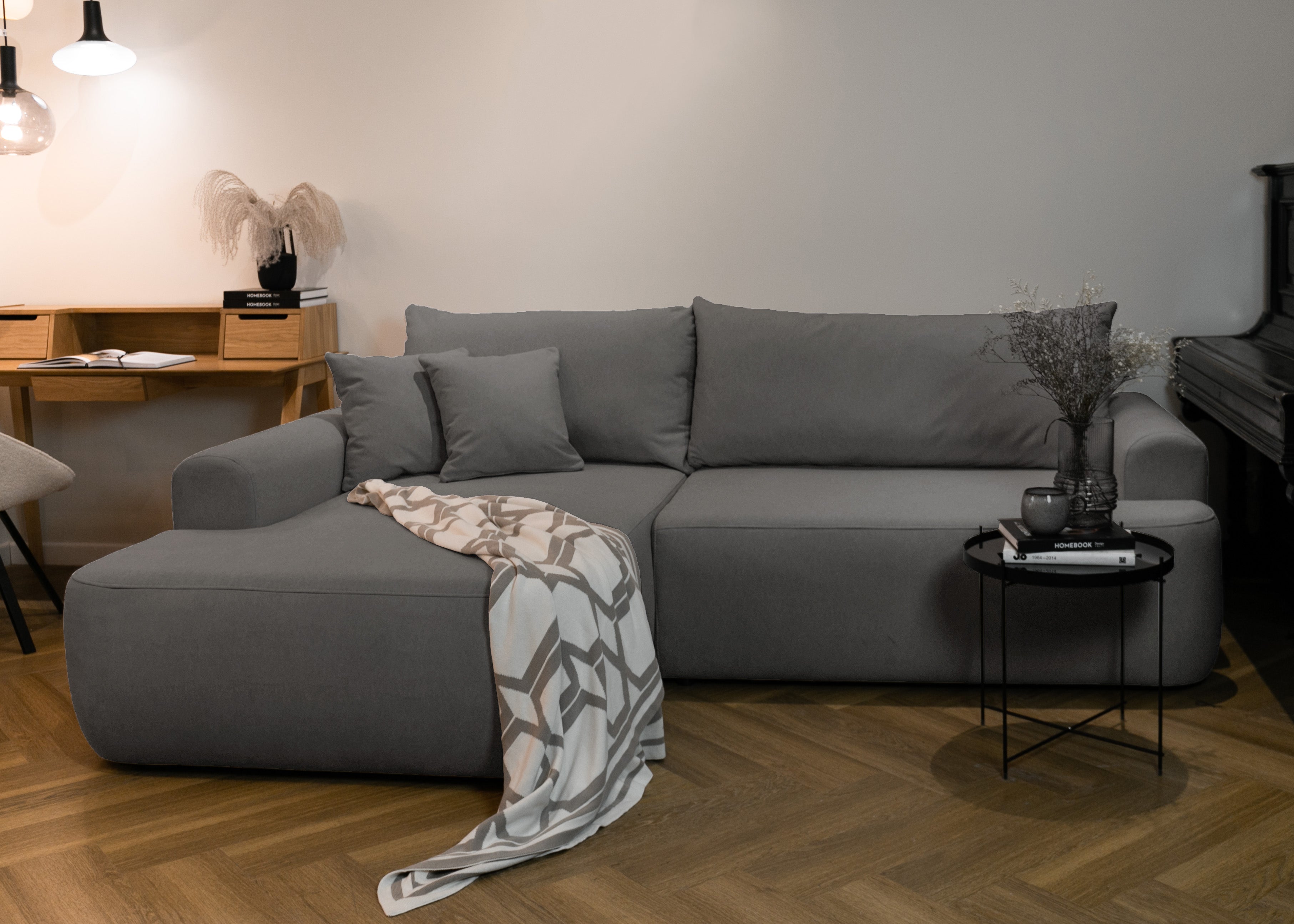 Ecksofa mit Schlaffunktion Ovo, L-förmig, dunkelgrauer Samt, mit Stauraum, aus pflegeleichtem Stoff, linksseitig