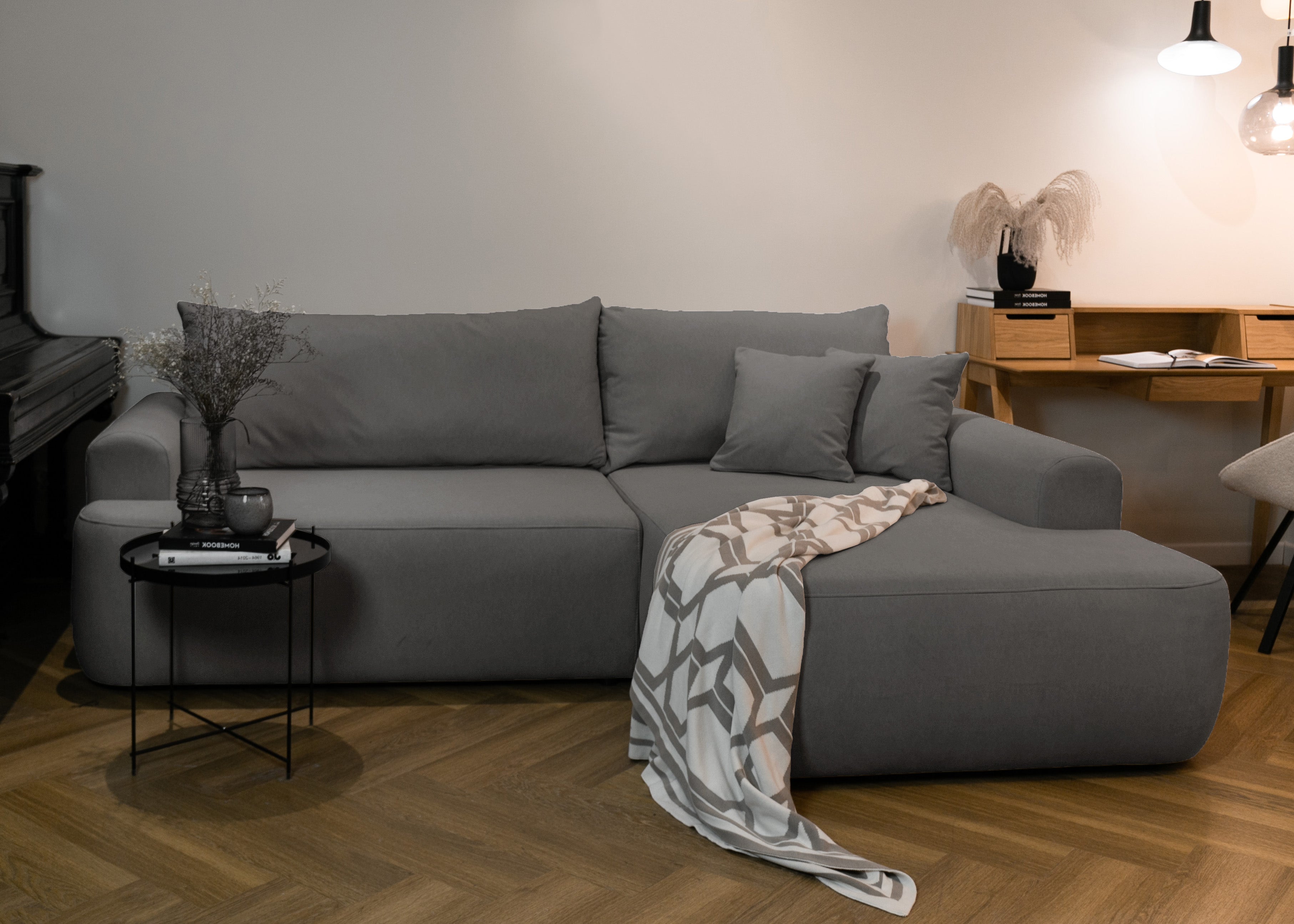 Ecksofa mit Schlaffunktion Ovo, L-förmig, dunkelgrauer Samt, mit Stauraum, aus leicht zu reinigendem Stoff, rechtsseitig