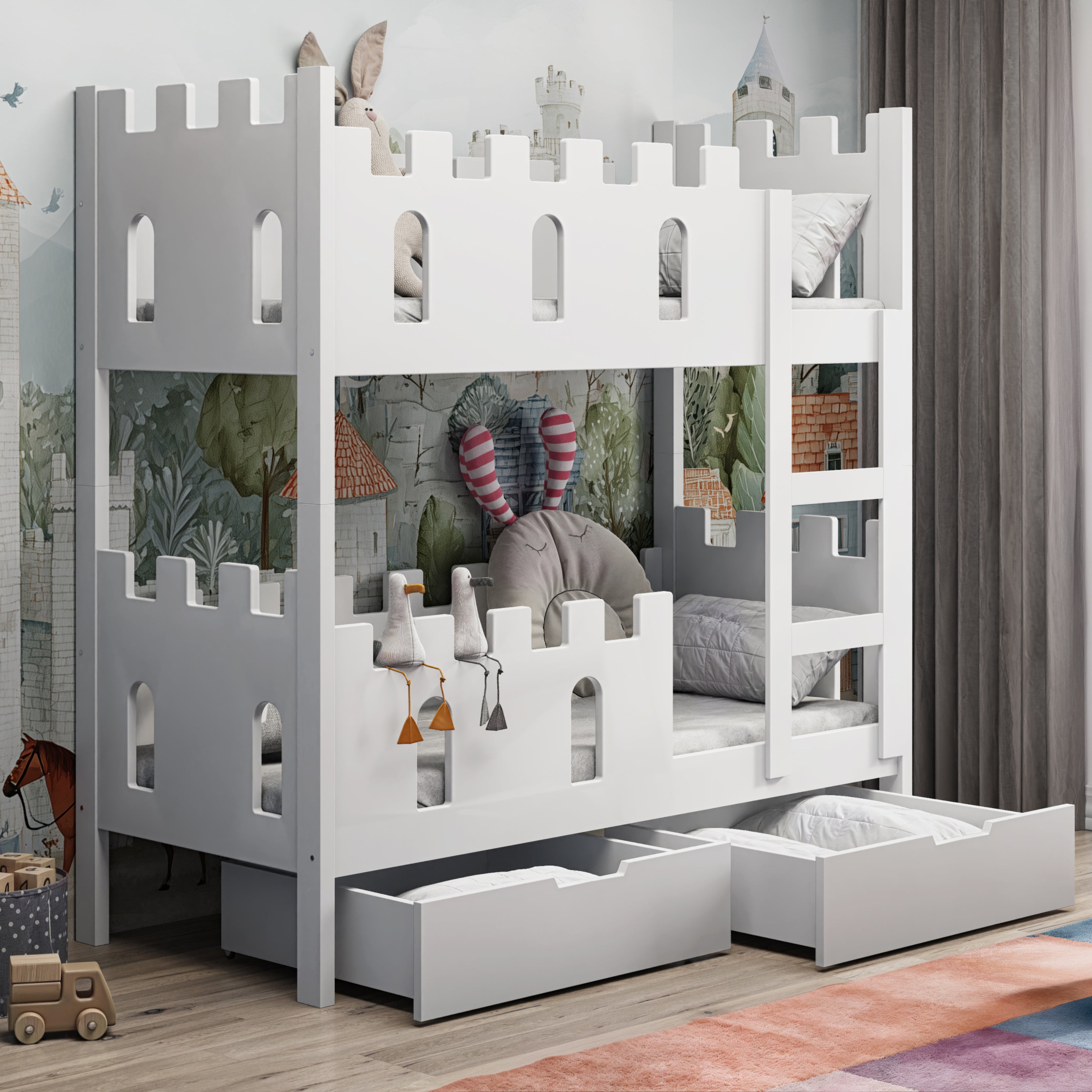 Etagenbett 75x180 cm Castelo mit Matratzen und Schubladen, weiß