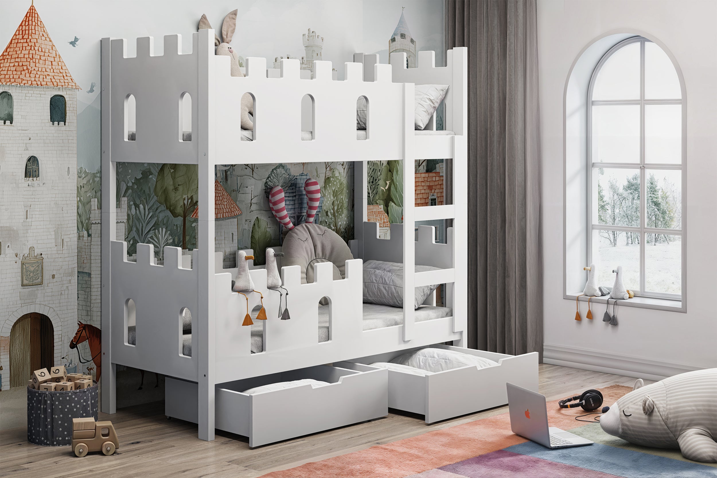 Etagenbett 75x180 cm Castelo mit Matratzen und Schubladen, weiß
