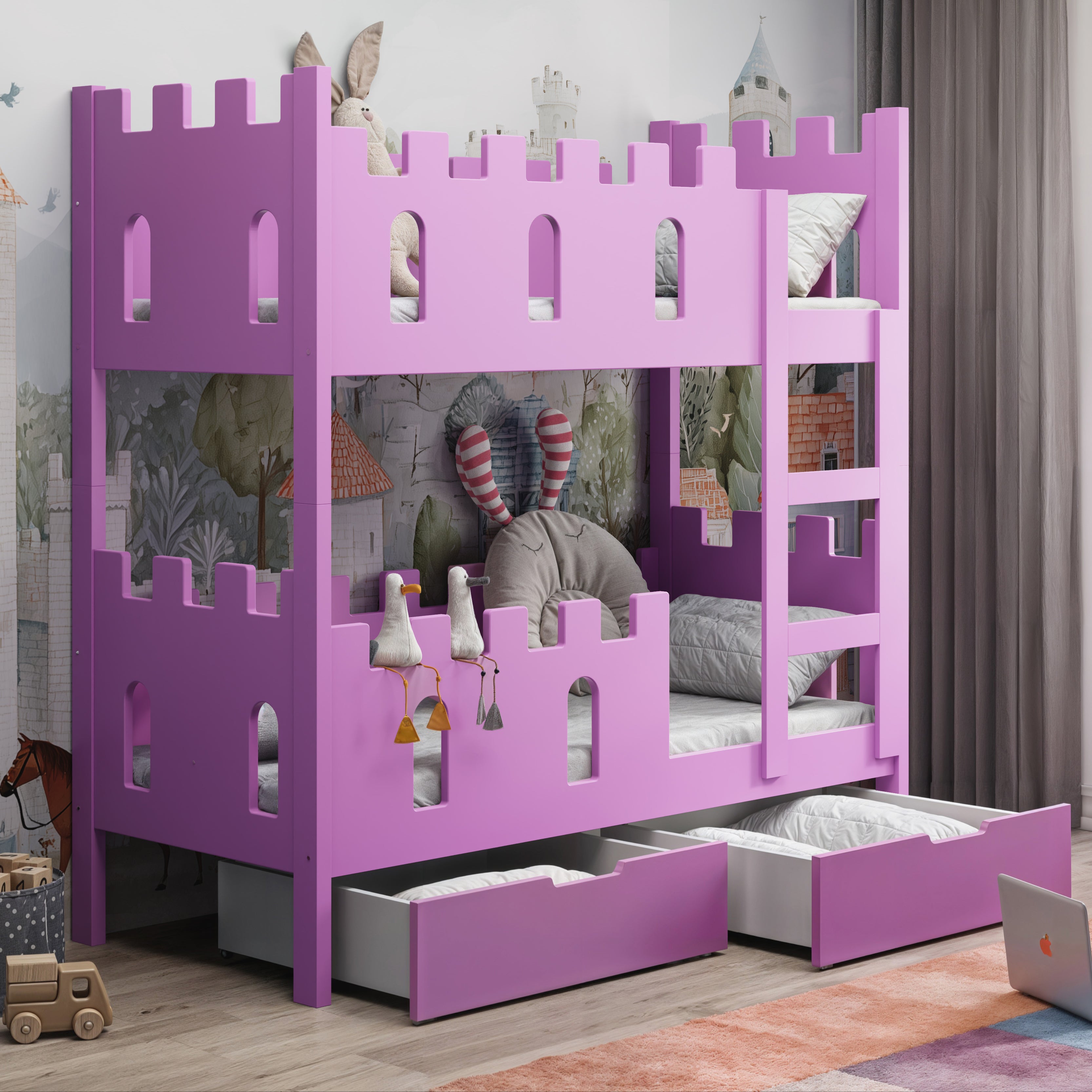 Etagenbett 75x180 cm Castelo mit Schubladen, rosa