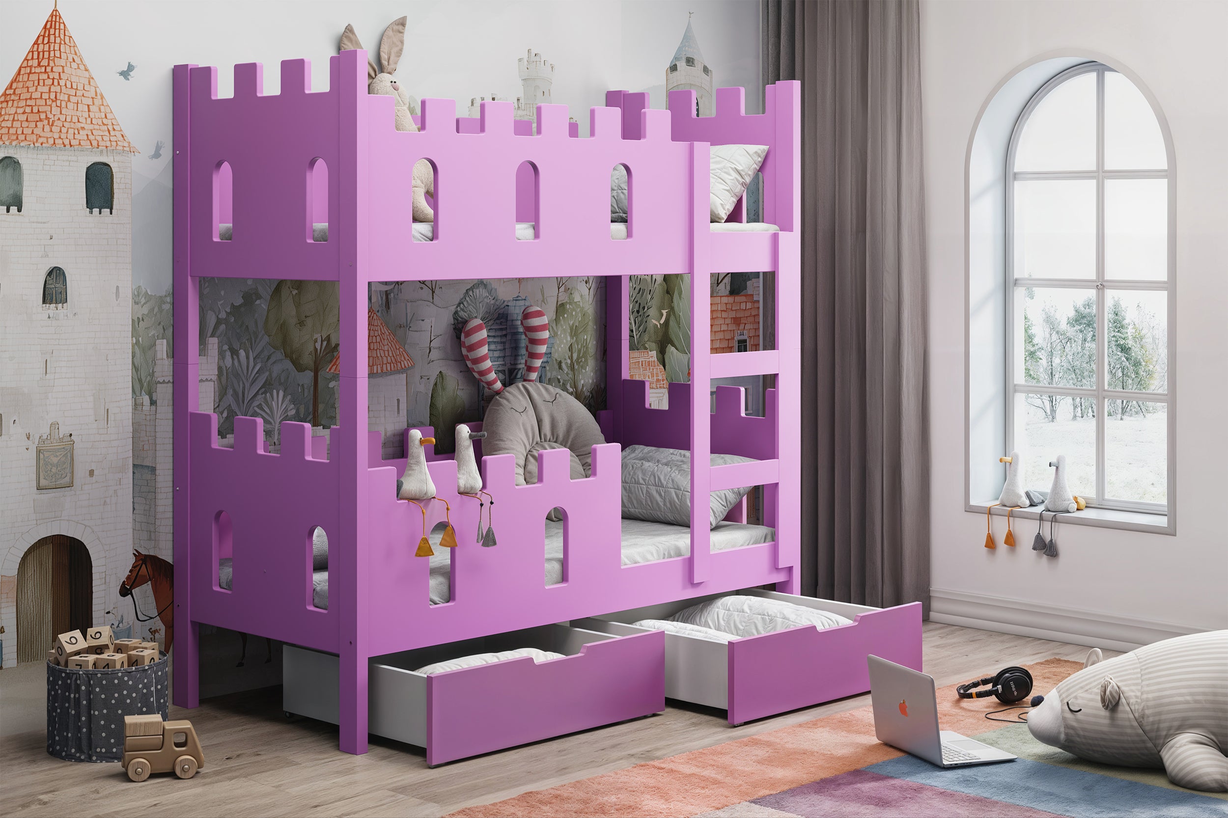 Etagenbett 75x180 cm Castelo mit Schubladen, rosa