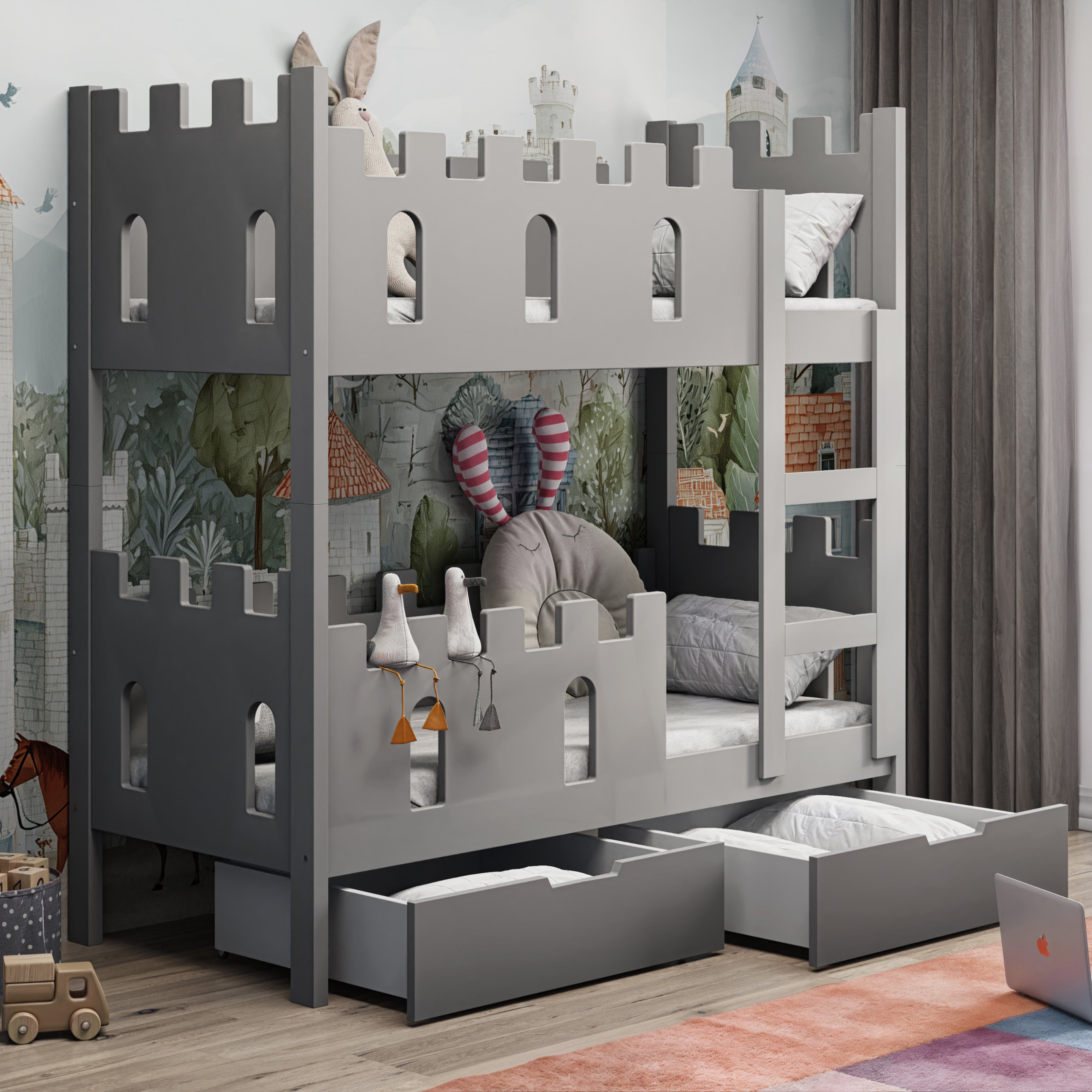 Etagenbett 75x180 cm Castelo mit Schubladen, grau