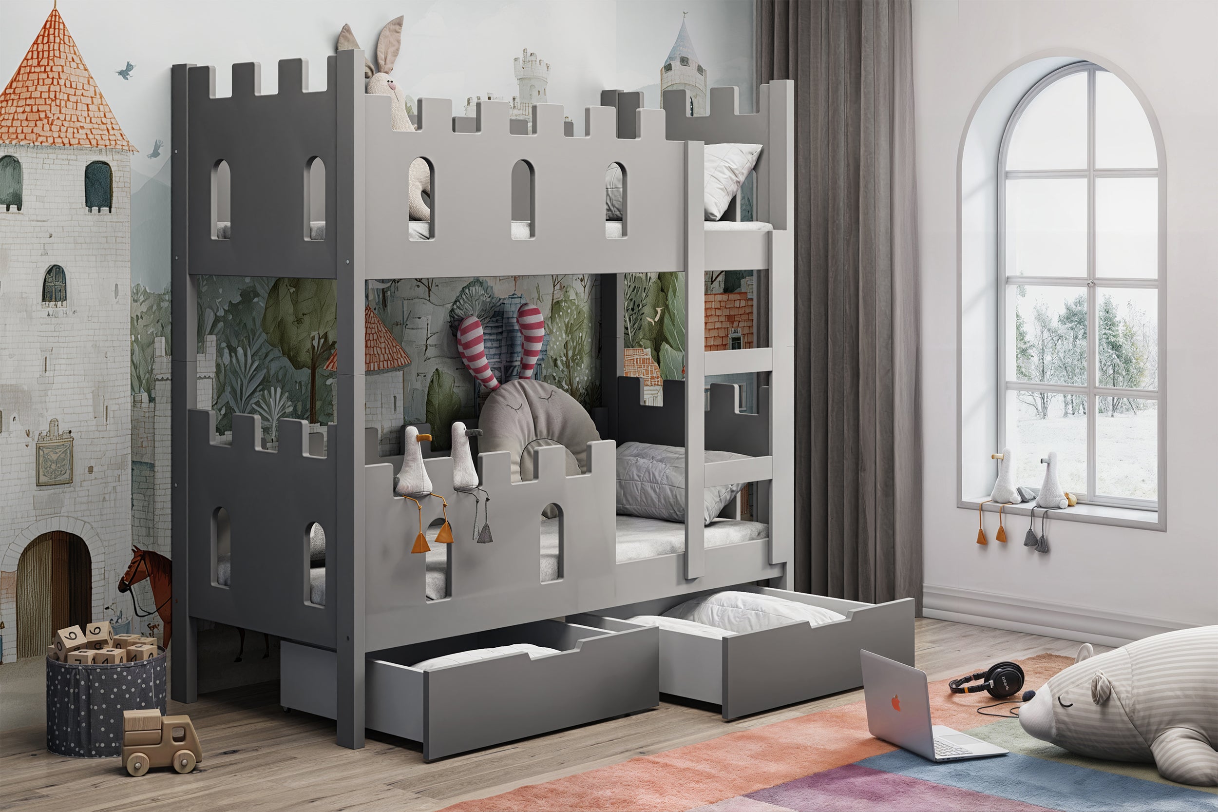 Etagenbett 75x180 cm Castelo mit Schubladen, grau