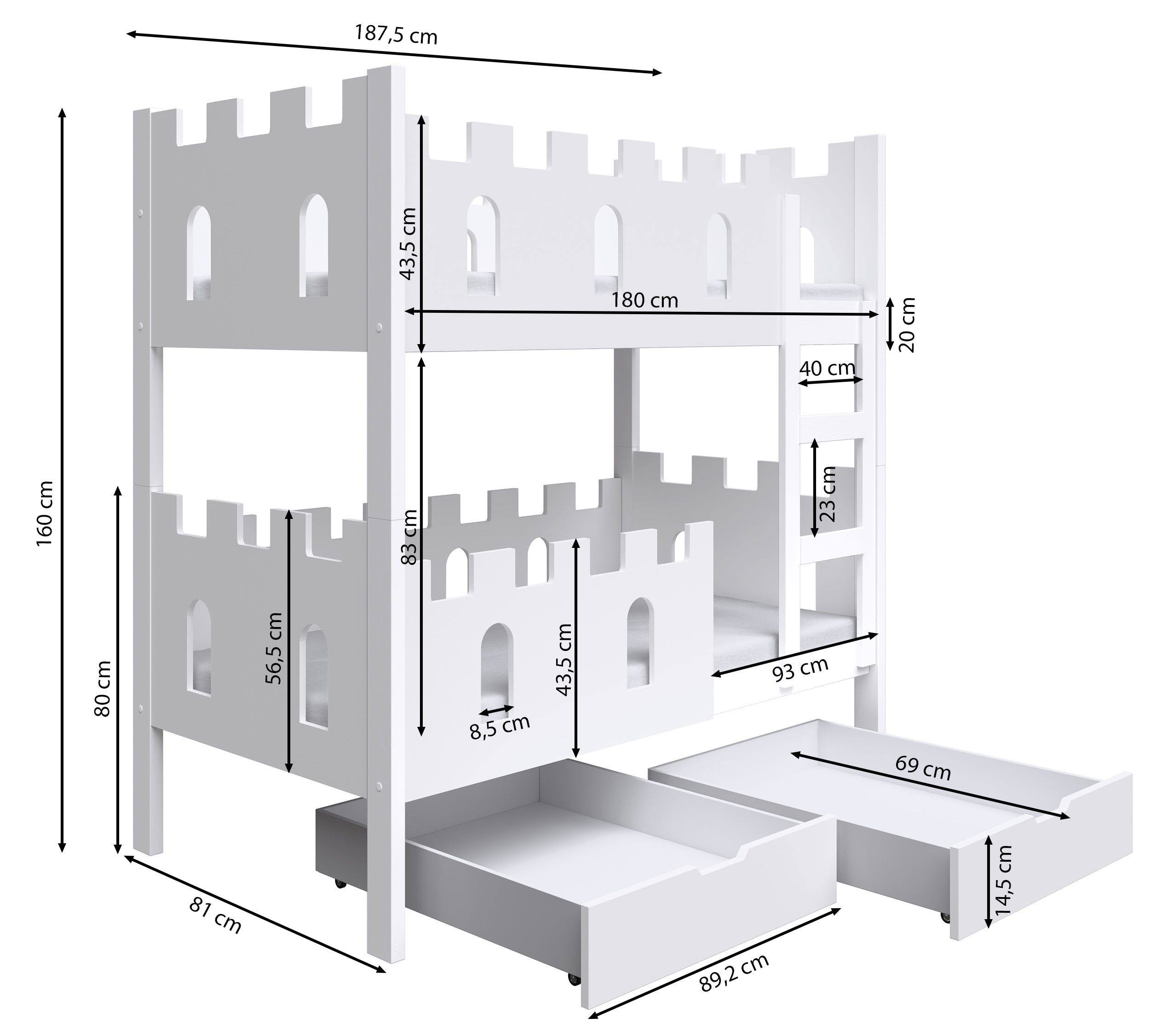 Etagenbett 75x180 cm Castelo mit Schubladen, rosa