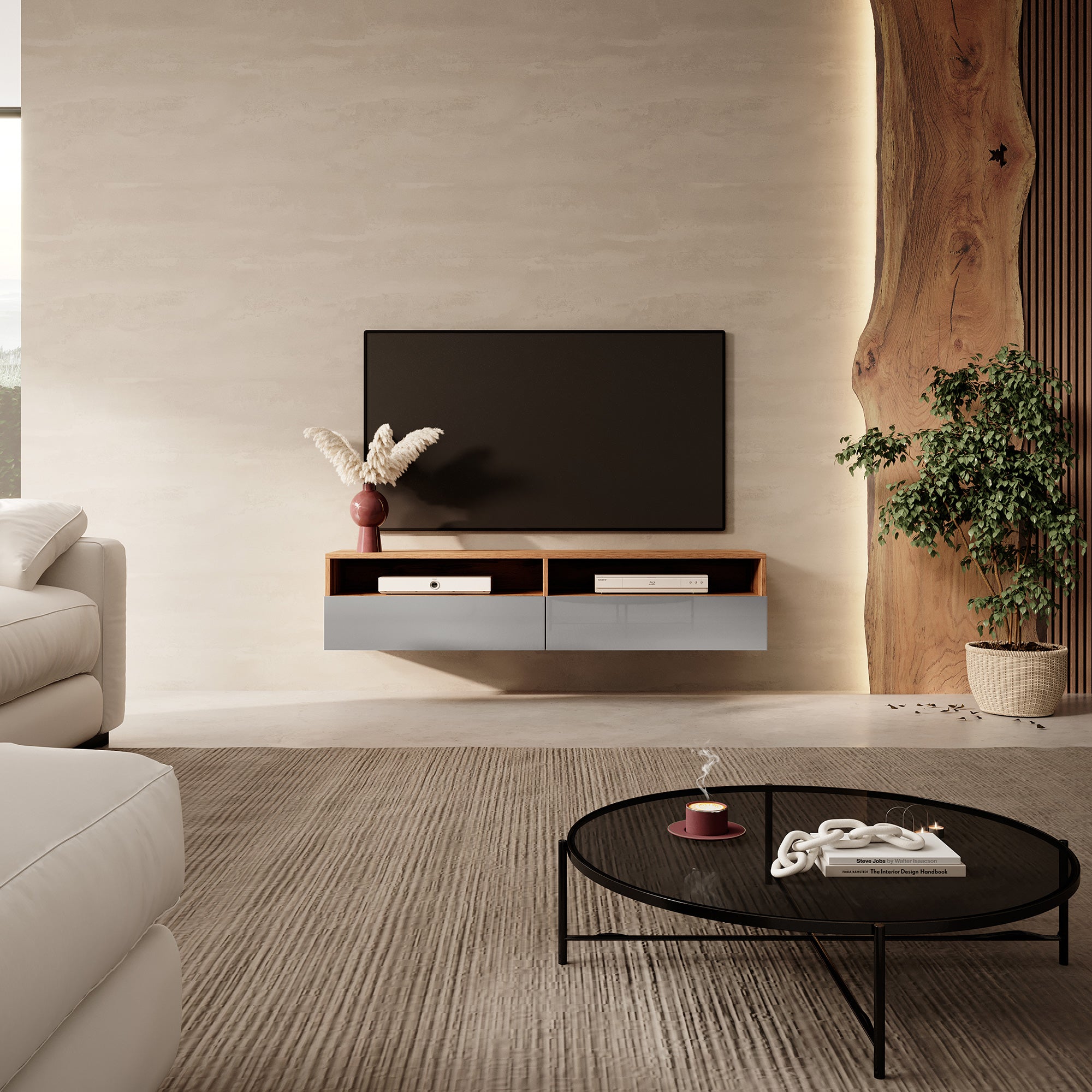 TV-Schrank mit zwei Schubladen Rednaw 140 cm Wotan-Eiche / Grauer Hochglanz mit Beleuchtung