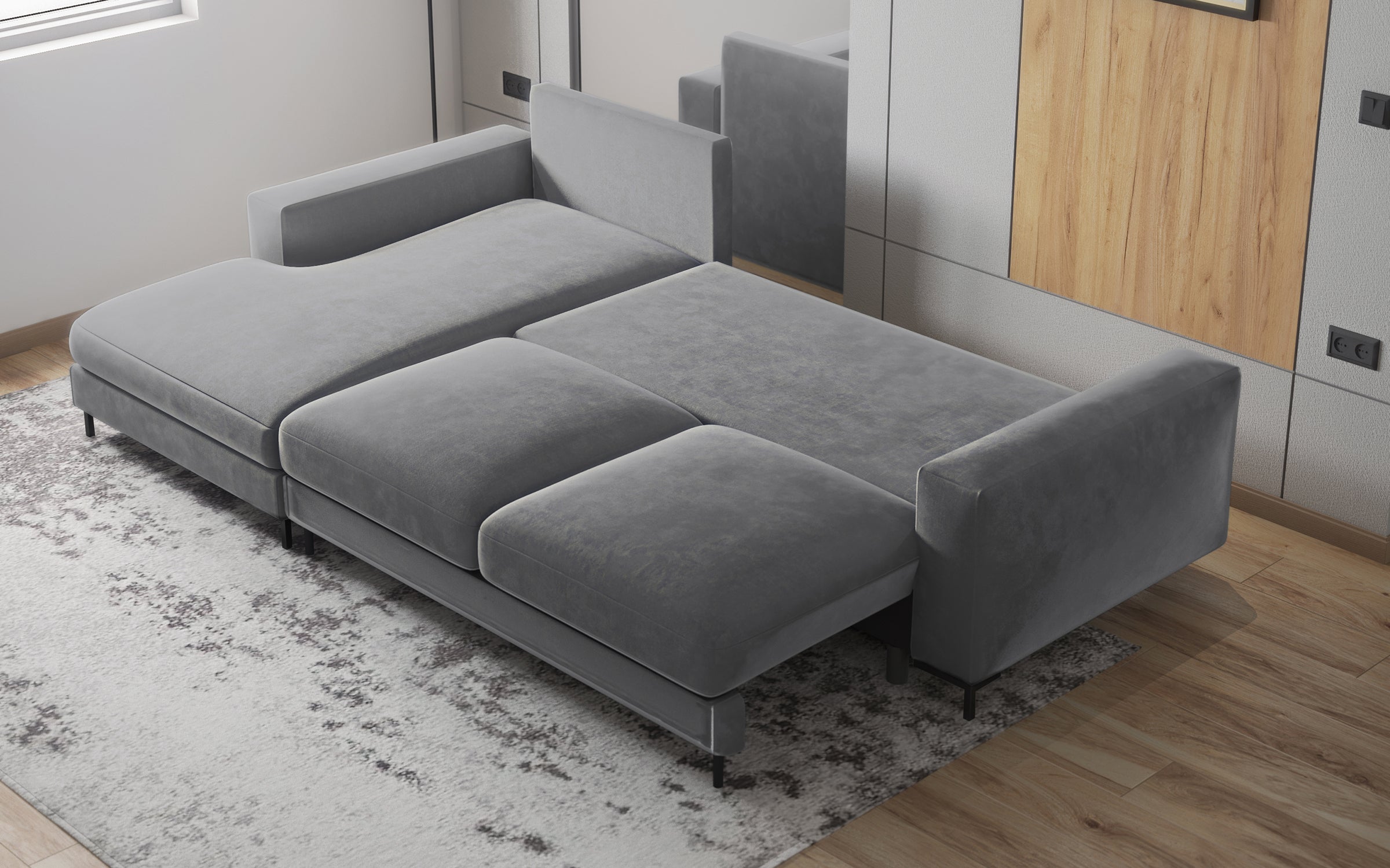 Ecksofa mit Schlafunktion Mokpeo, L-förmig, mit zwei Aufbewahrungsboxen, schwarze Füße, grafitfarbener Samt, linksseitig