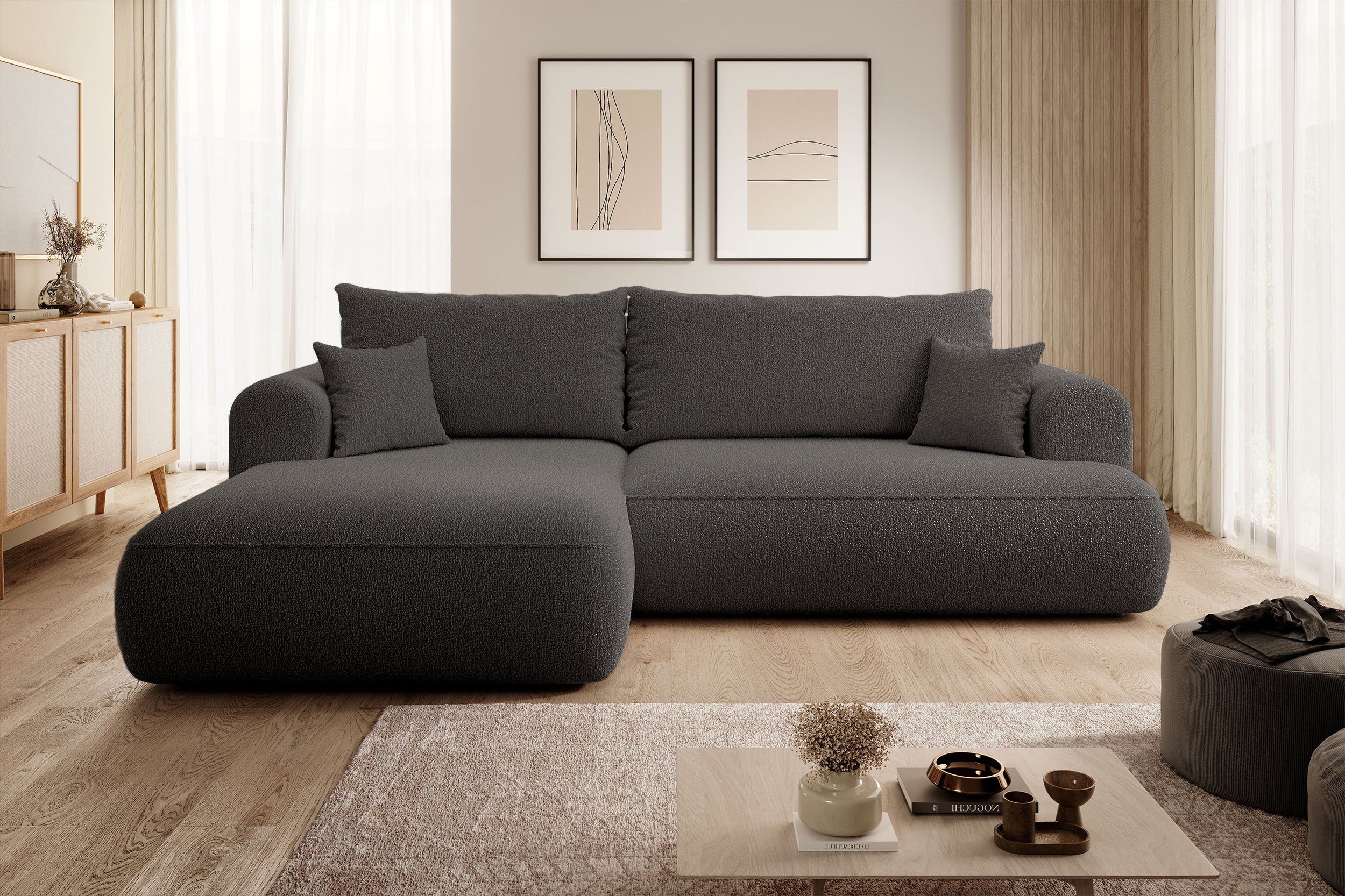 Ecksofa mit Schlaffunktion Ovo, L-förmig, dunkelgrau, mit Stauraum, Bouclé, linksseitig