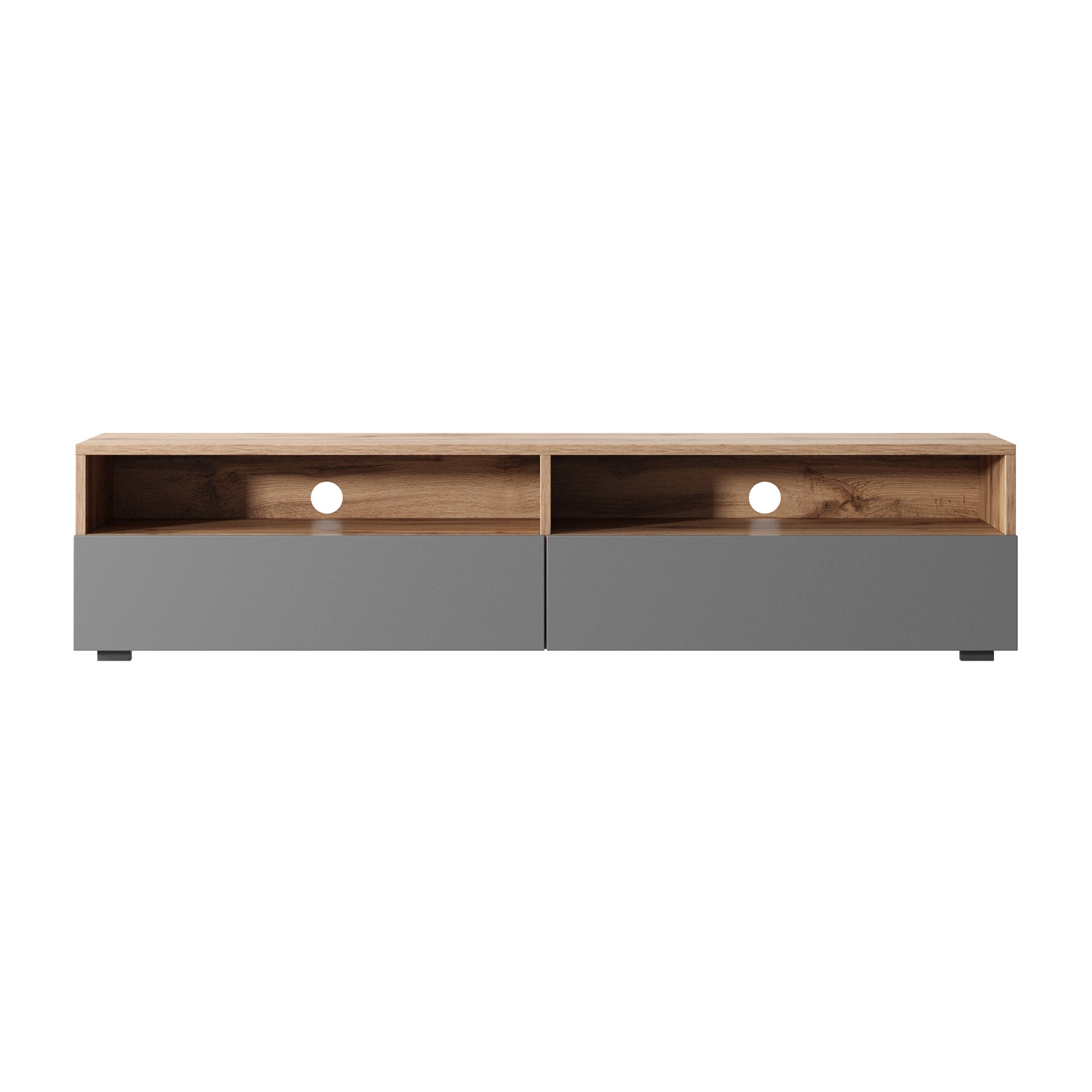 TV-Schrank mit zwei Schubladen Rednaw 140 cm Wotan-Eiche / Grauer Hochglanz mit Beleuchtung