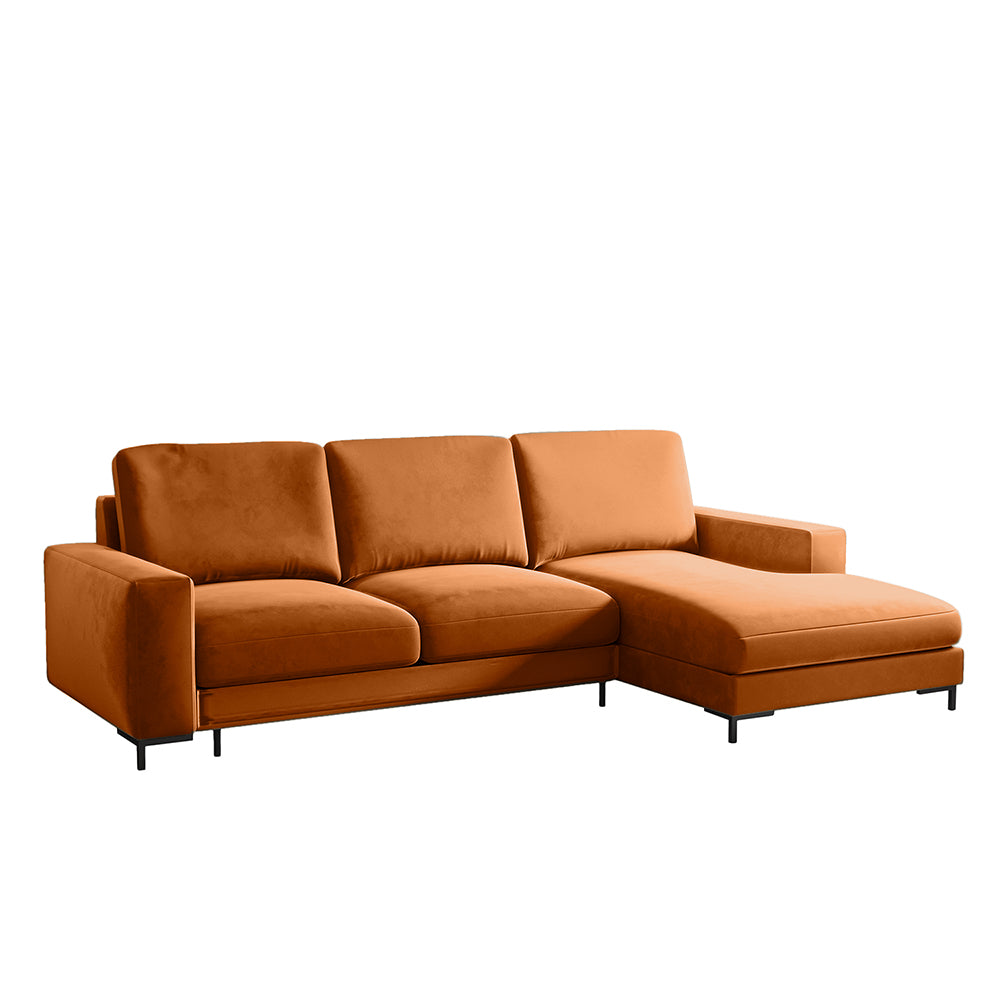 Ecksofa mit Schlaffunktion Mokpeo, L-förmig, mit zwei Stauraumfächern, schwarzen Füßen, kupferfarbenem Samt, rechtsseitig