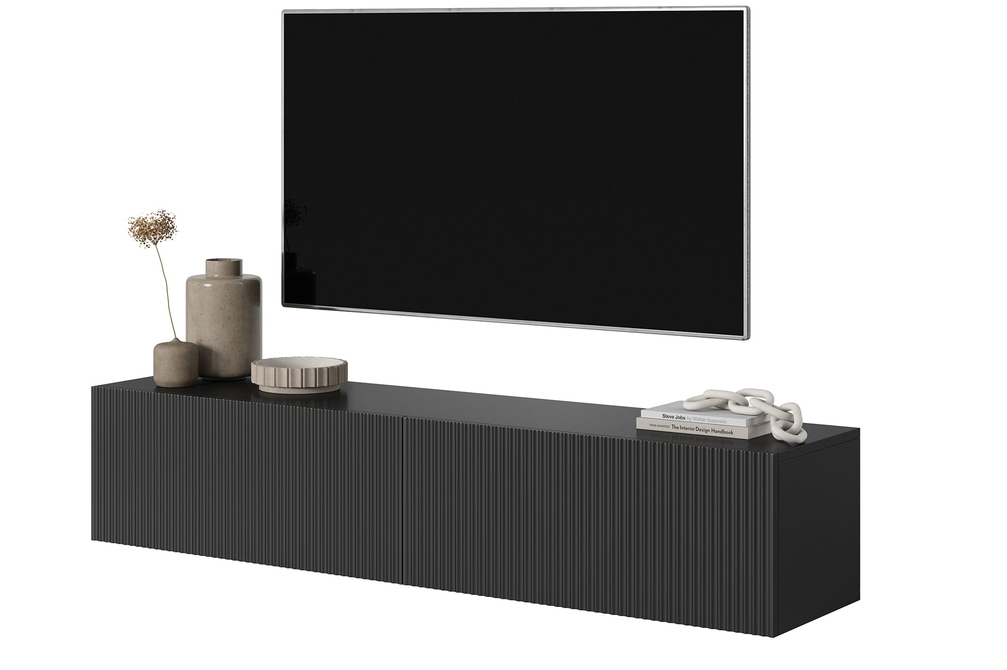 Schwarzer, hängender Veldio TV-Schrank mit gefräster Front, 140 cm