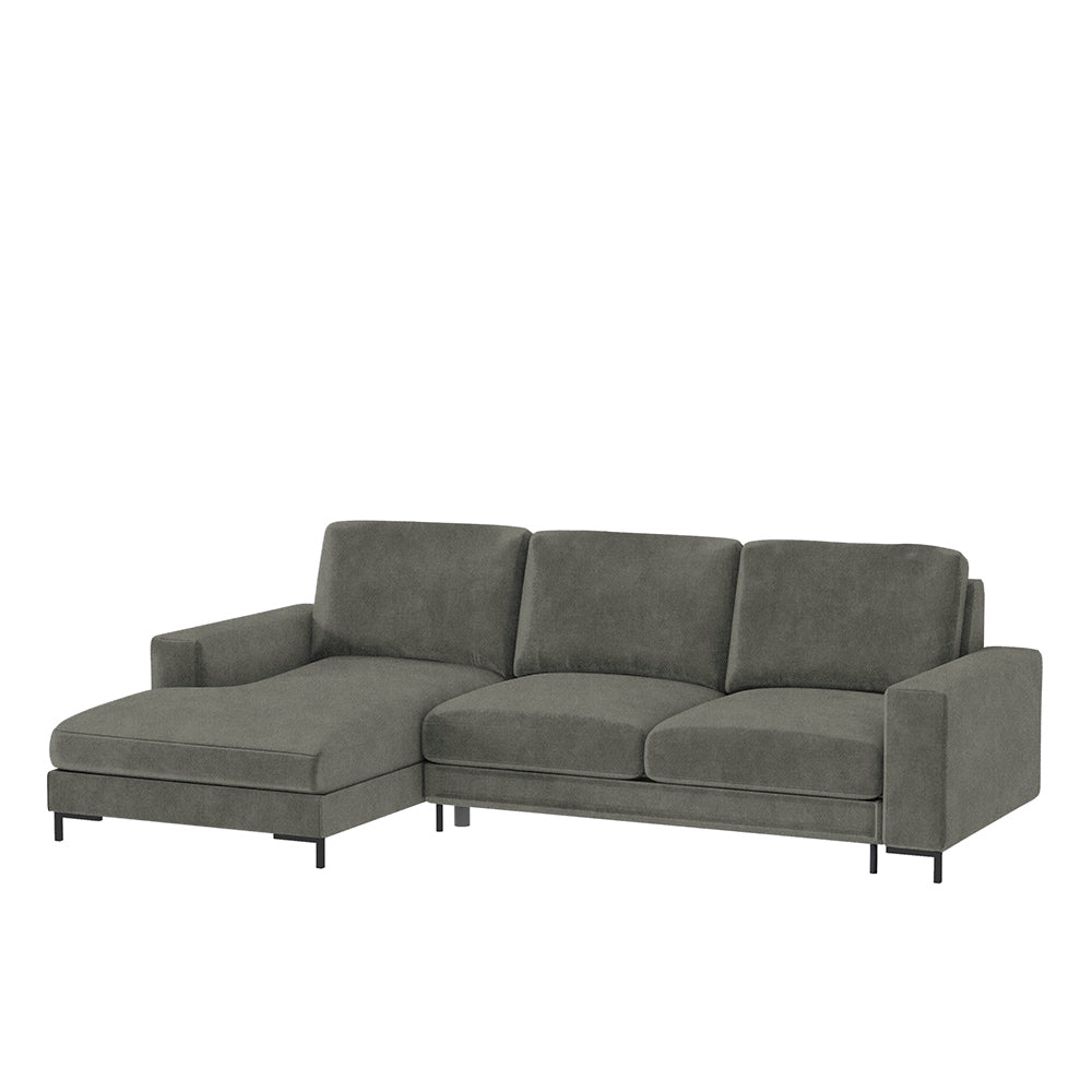 Ecksofa mit Schlaffunktion Mokpeo, L-förmig, mit zwei Stauraumfächern, schwarzen Füßen, grün, aus leicht zu reinigendem Stoff, linksseitig