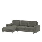 Ecksofa mit Schlaffunktion Mokpeo, L-förmig, mit zwei Stauraumfächern, schwarzen Füßen, grün, aus leicht zu reinigendem Stoff, linksseitig