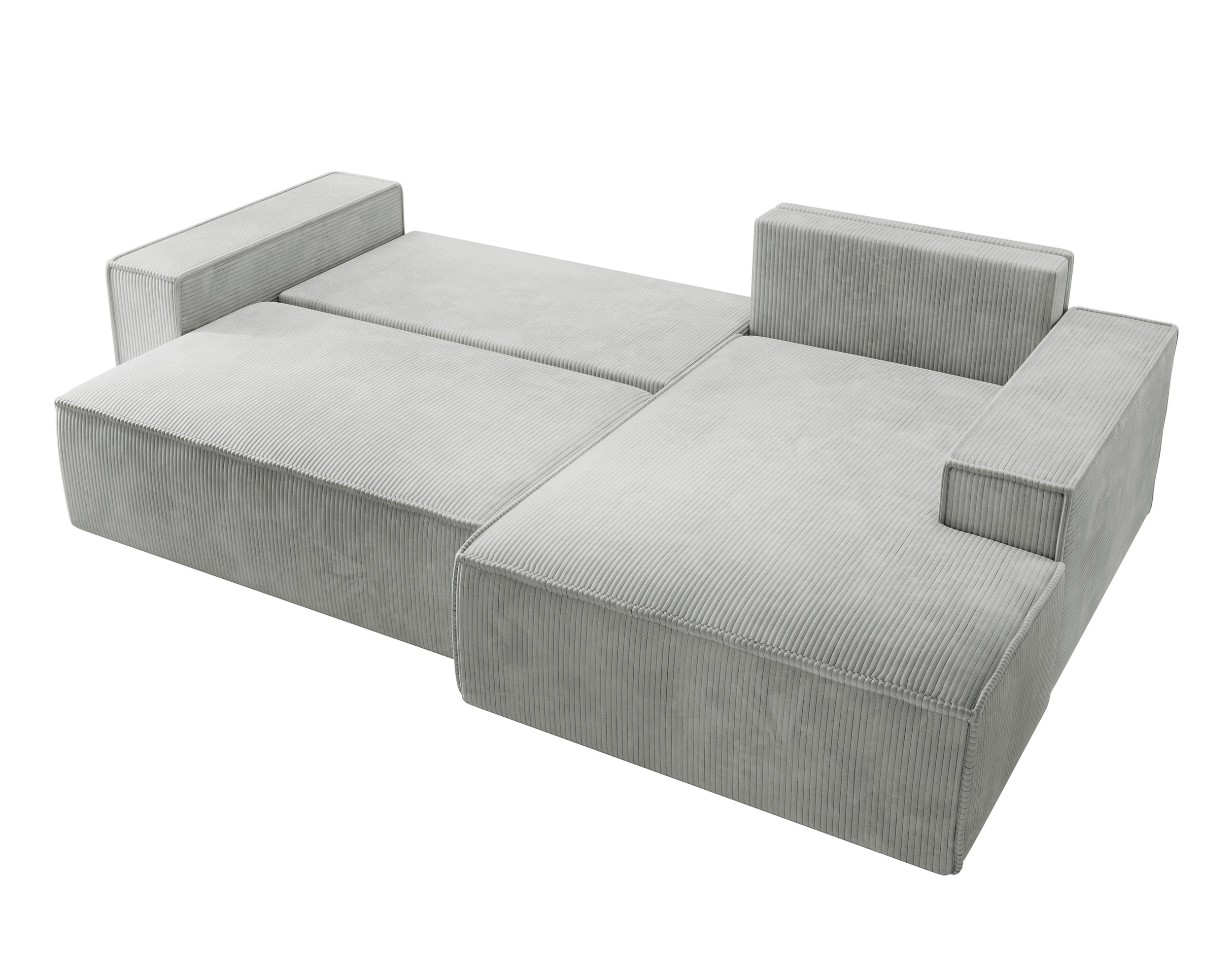 Ecksofa mit Schlaffunktion Farese New, L-förmig, mit Stauraum, hellgrauer Cordstoff, rechtsseitig