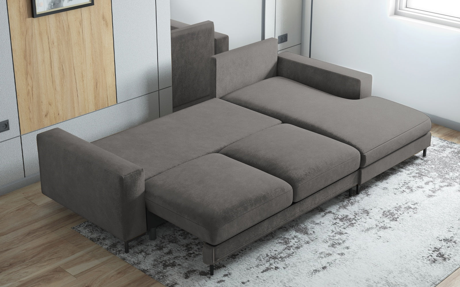 Ecksofa mit Schlaffunktion Mokpeo, L-förmig, mit zwei Stauraumfächern, schwarzen Füßen, dunkelgrau, aus pflegeleichtem Stoff, rechtsseitig