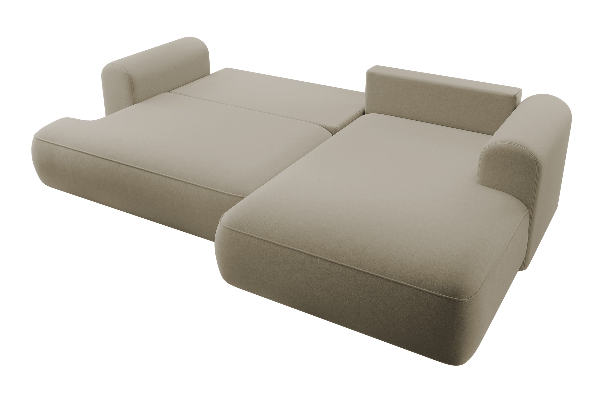 Ecksofa mit Schlaffunktion Ovo, L-förmig, beige Samt, mit Stauraum, aus leicht zu reinigendem Stoff, rechtsseitig