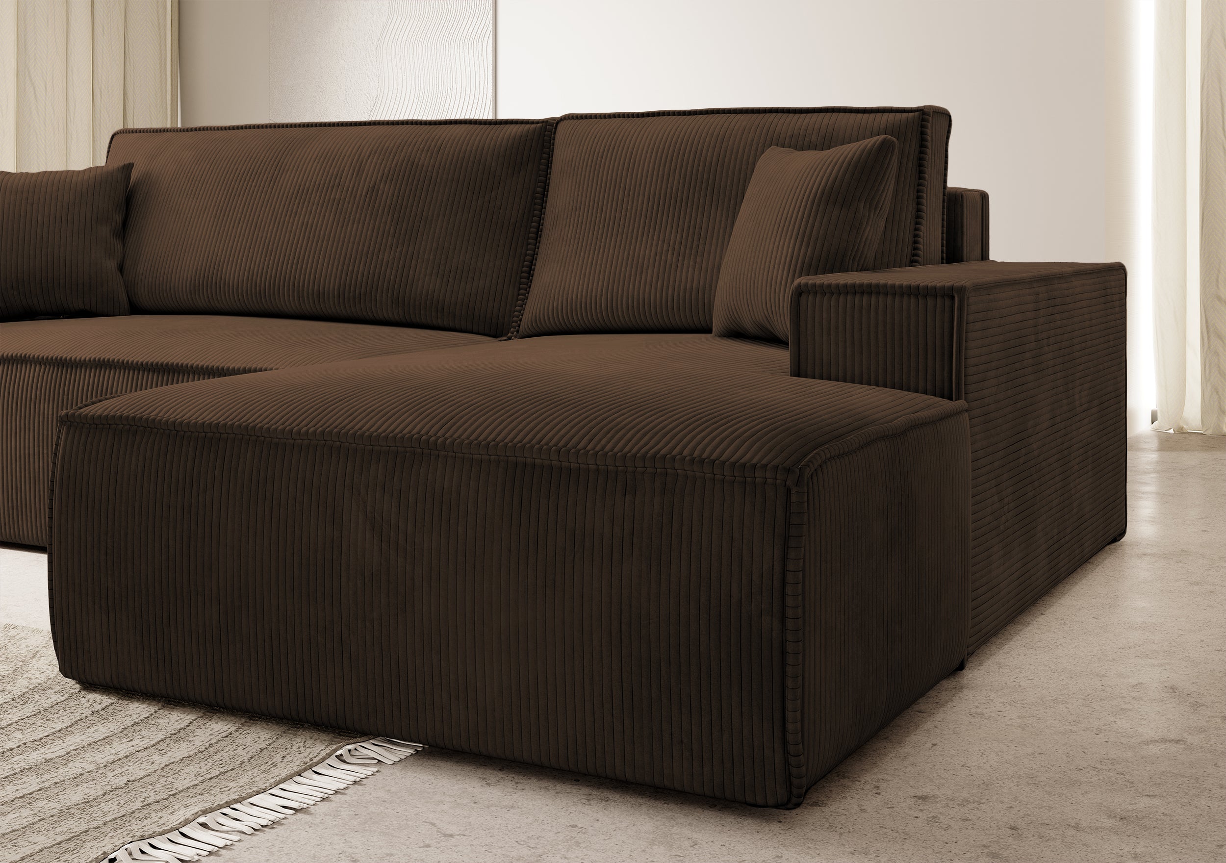 Ecksofa mit Schlaffunktion Farese New, L-förmig, mit Stauraum, brauner Cordstoff, rechtsseitig