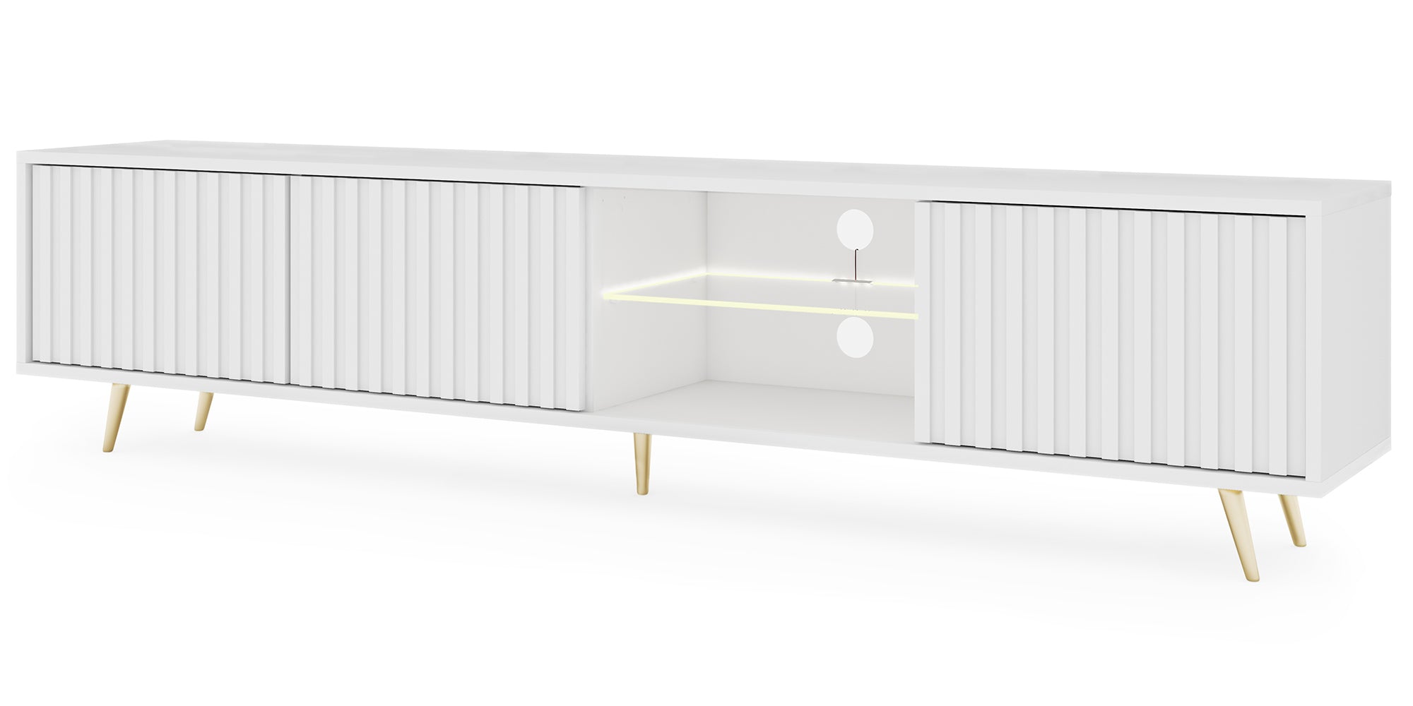 TV-Schrank Bello mit Lamellenfronten, 175 cm, weiß mit LED und goldenen Beinen